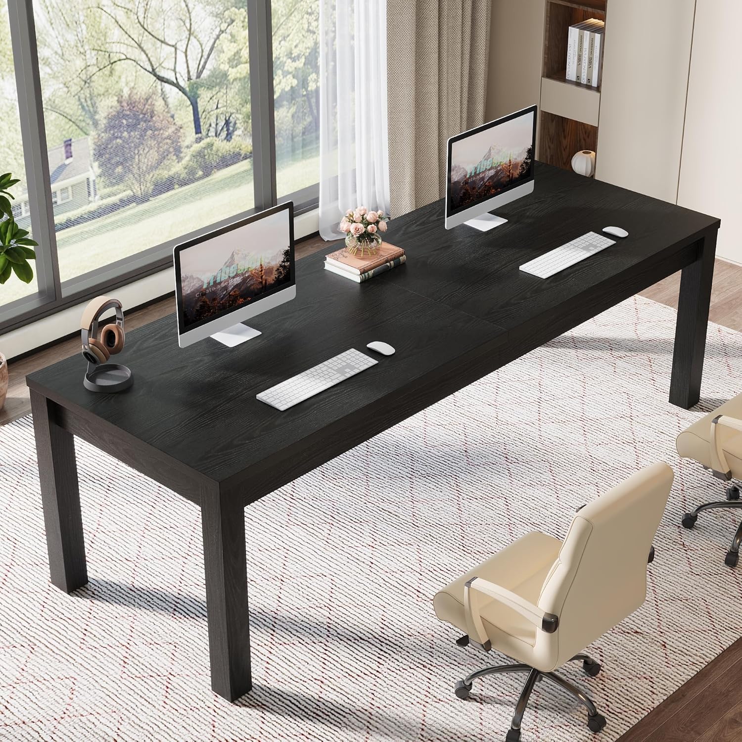 Solid Wood 2-Person Desk, 78.7" Double Computer Desk Workstation