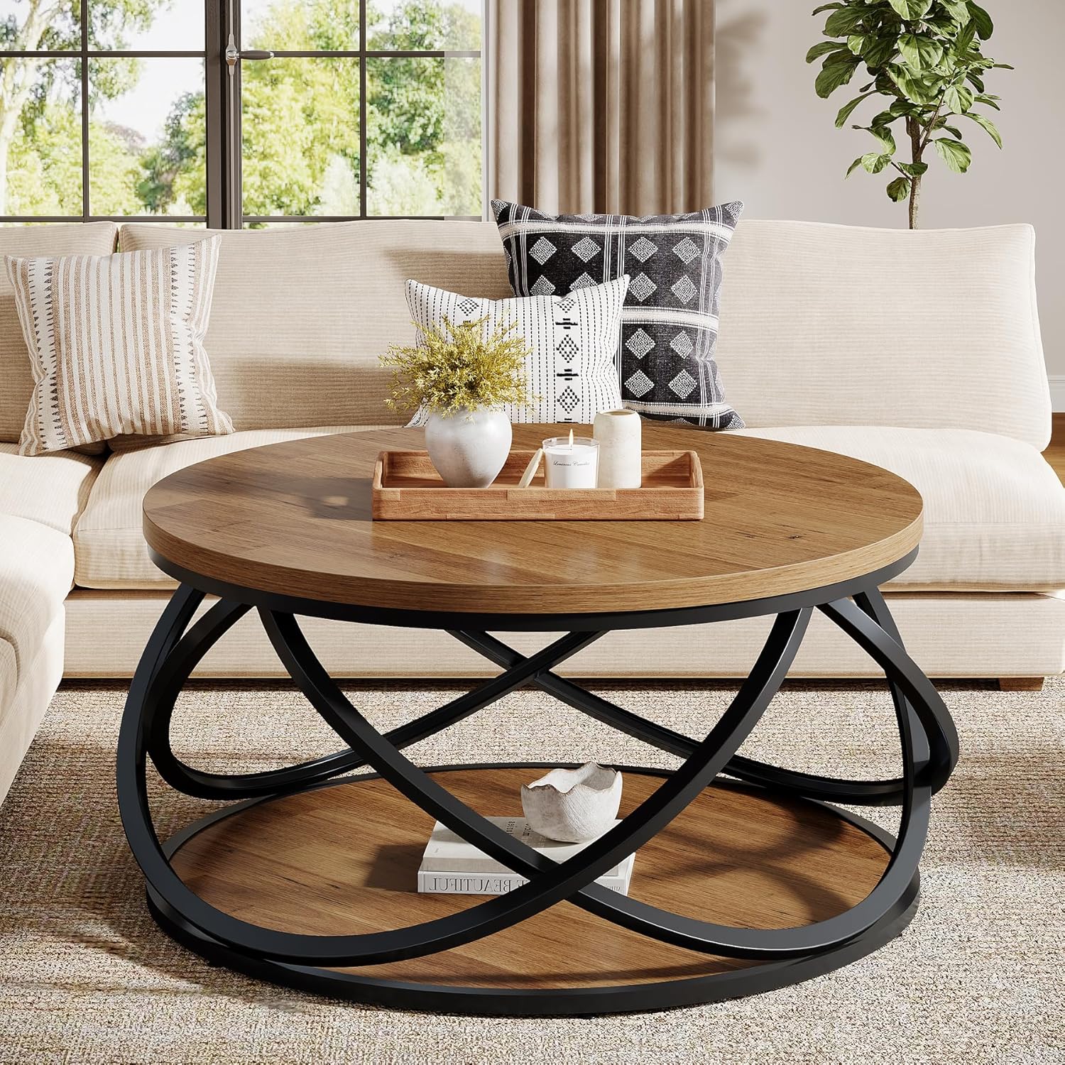 Round Coffee Table, 2-Tier Circle Center Table with Storage Shelves