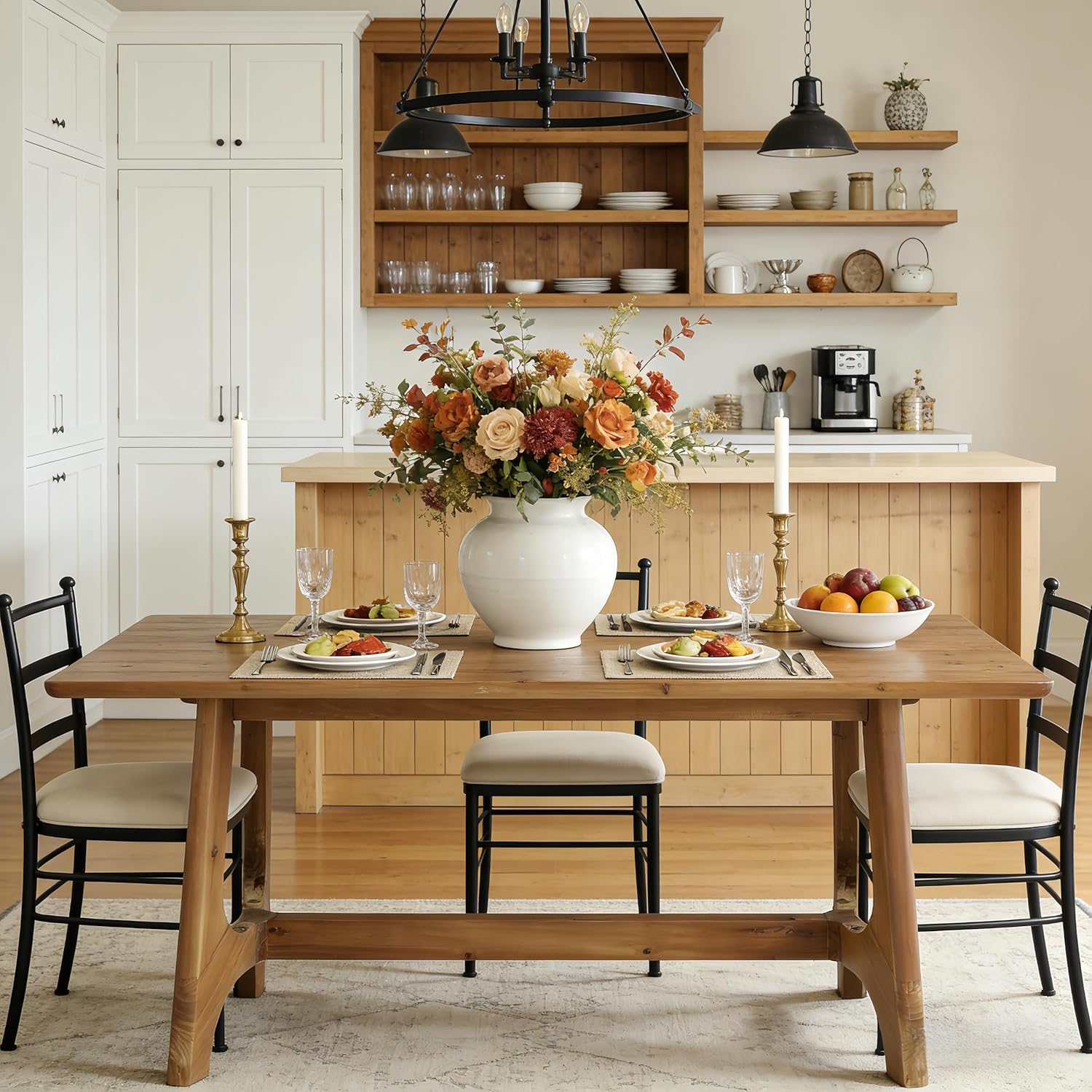 62.99" Rectangle Dining Table, Solid Wood Kitchen Dinner Table for 4-6