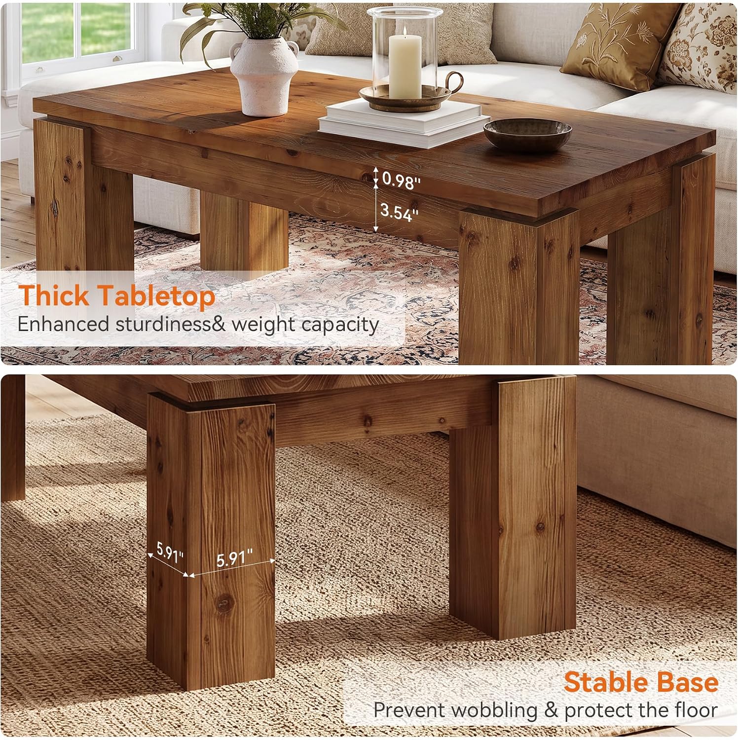 47" Solid Wood Coffee Table, Rectangular Chunky Leg Center Table Cocktail Tea Table