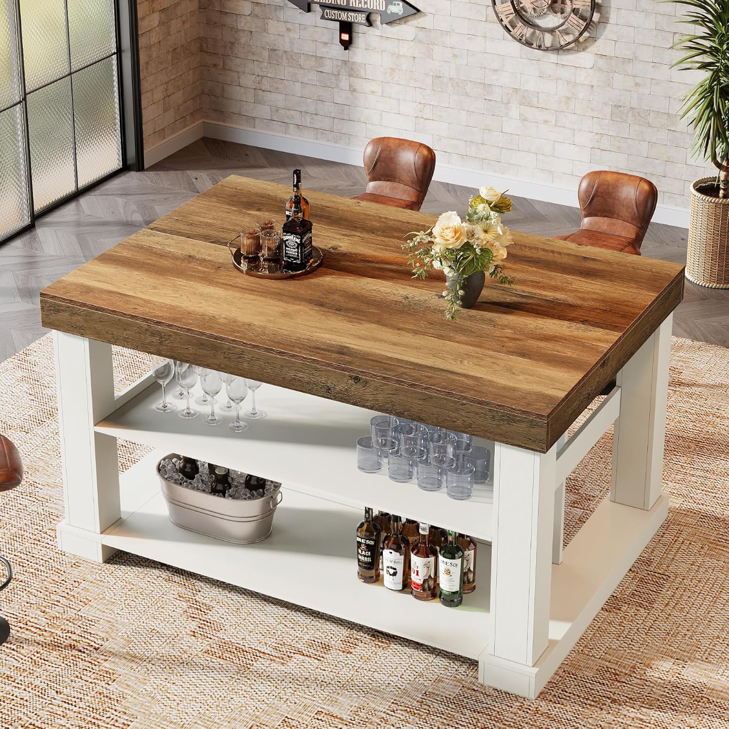 55" Home Bar Unit, 3-Tier Pub Table Liquor Cabinet with Storage Shelves