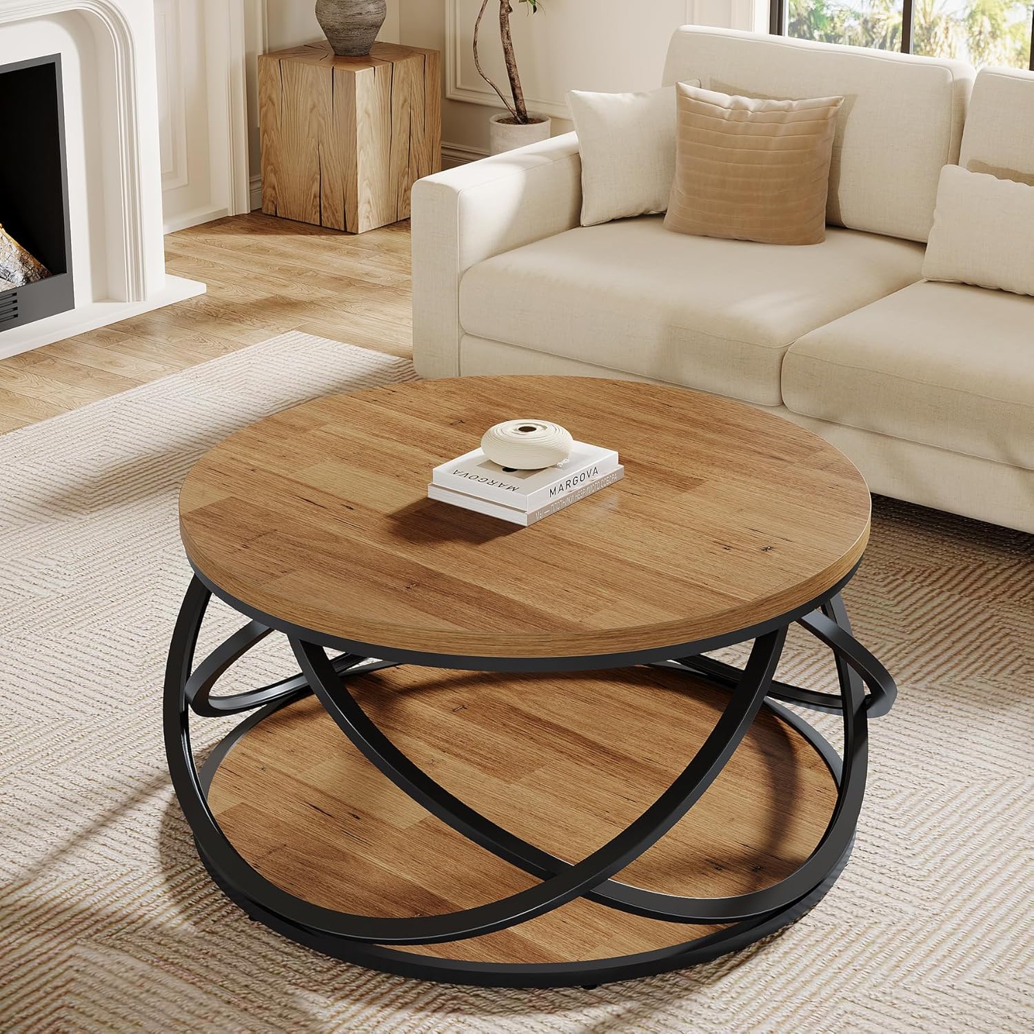 Round Coffee Table, 2-Tier Circle Center Table with Storage Shelves