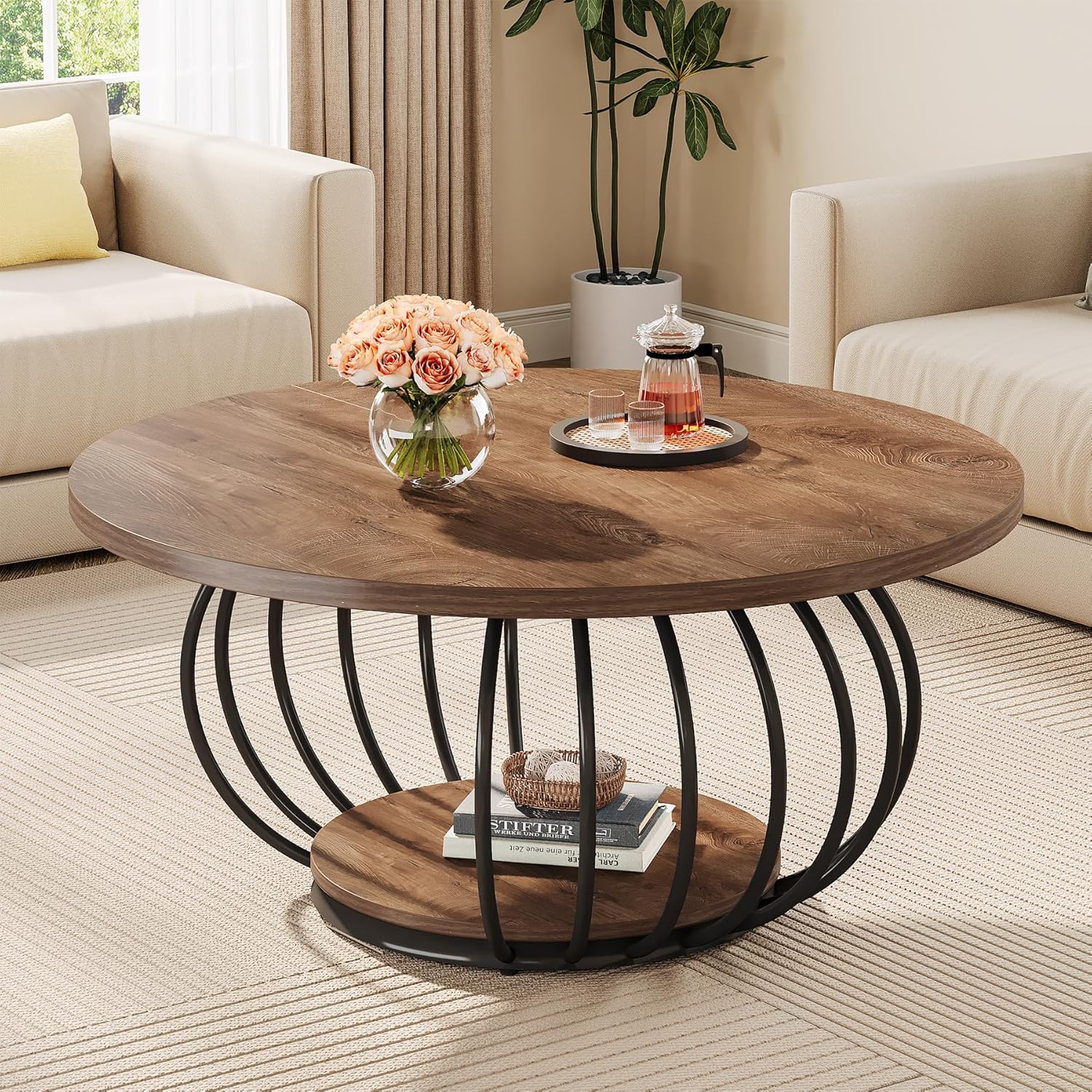 39.4" Coffee Table, Round 2 - Tier Accent Center Cocktail Table with Storage Shelf Tribesigns