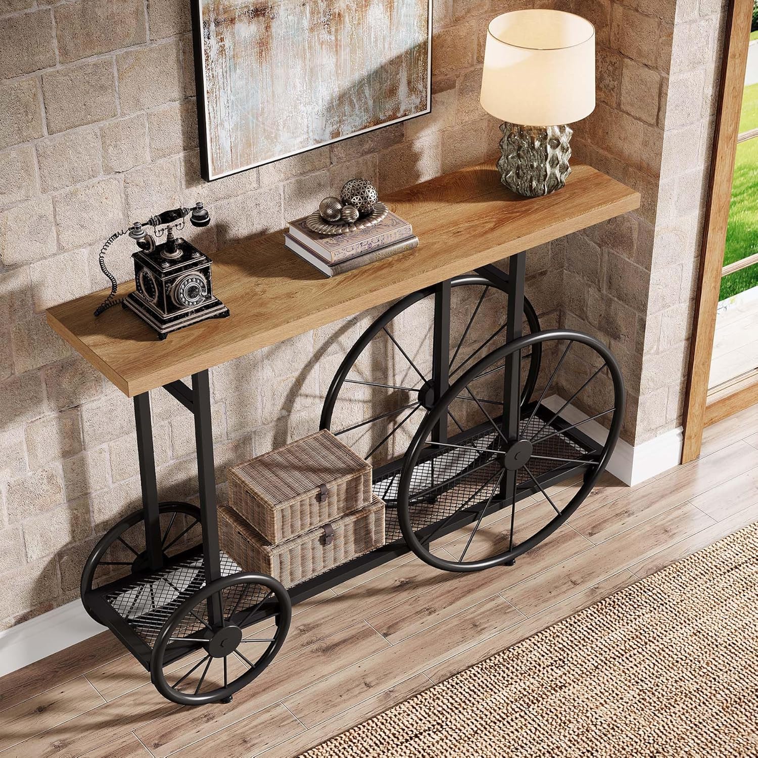 47" Console Table, 2 - Tier Sofa Hallway Table with Wheel - Shape Base Tribesigns