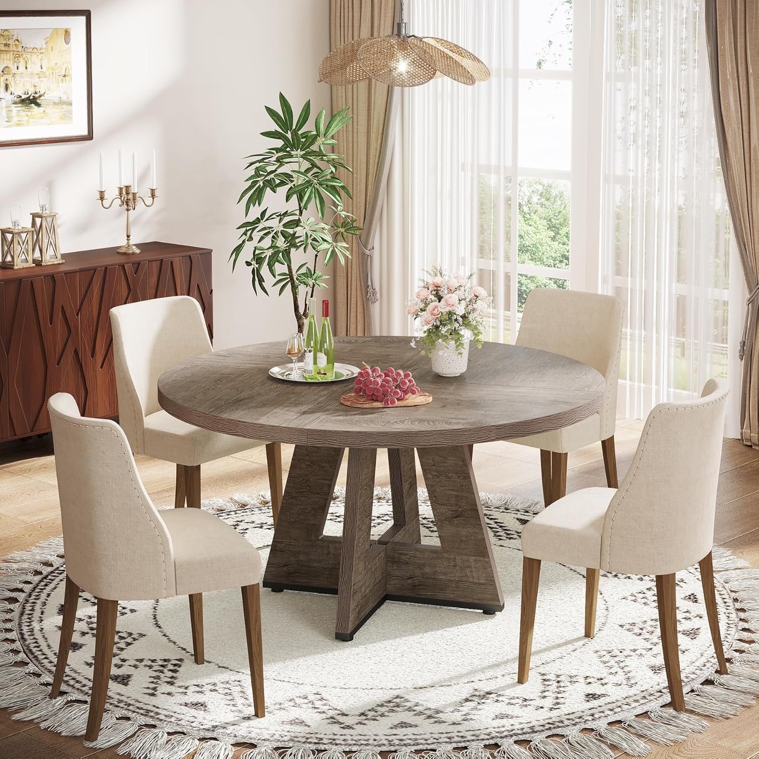 47-Inch Round Farmhouse Dining Table for 4–6 with Cross-Style Pedestal Base