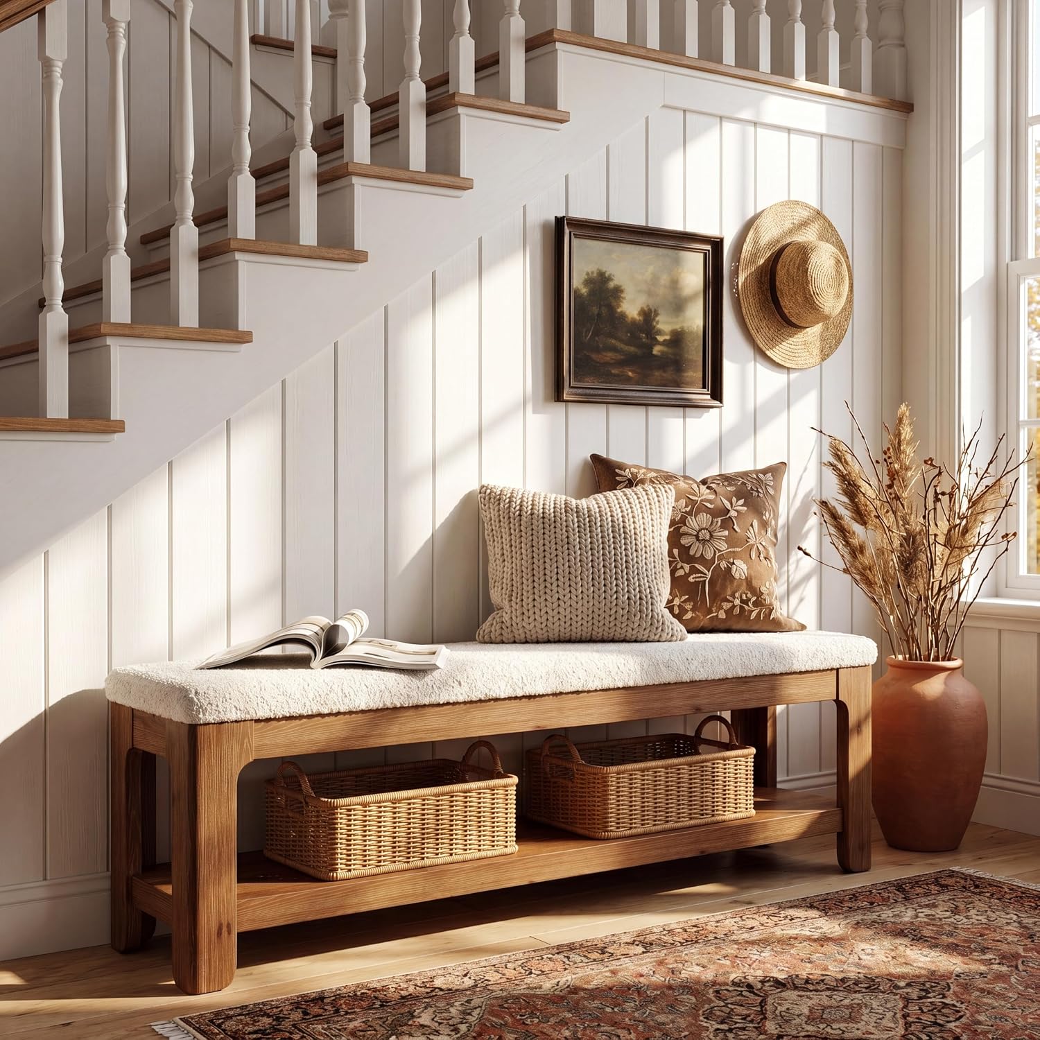 55" Entryway Bench, Solid Wood Upholstered Ottoman Bedroom Bench