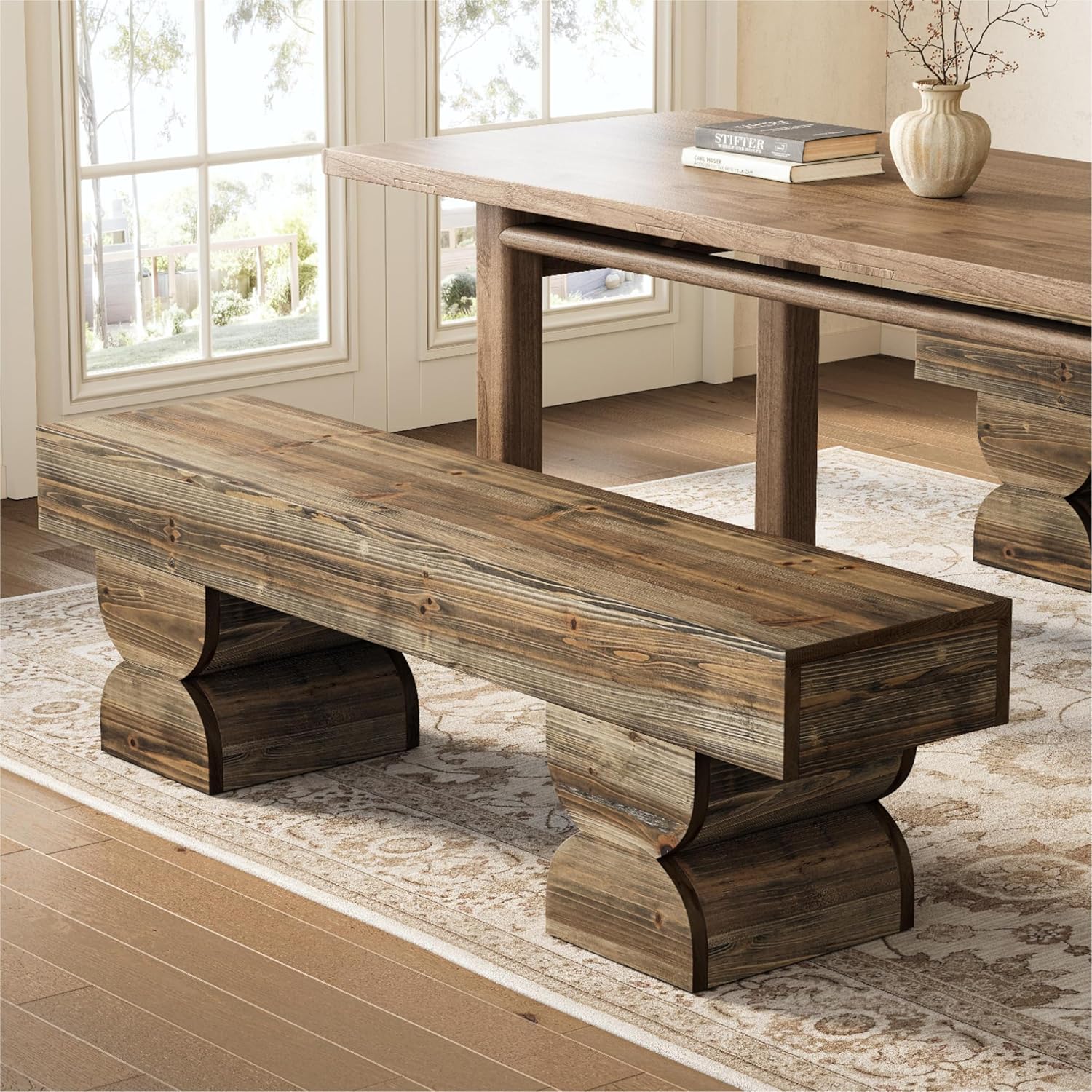 59" Dining Bench, Wood Kitchen Stool with Sturdy Double Pedestal