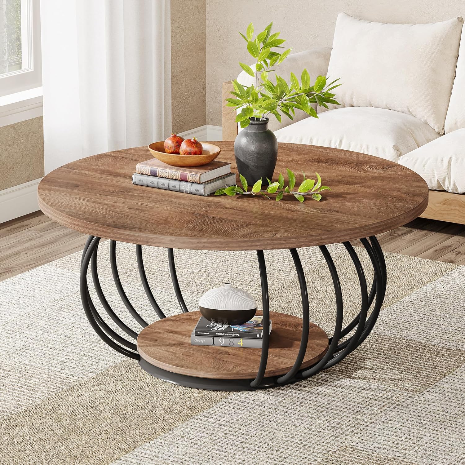 39.4" Coffee Table, Round 2 - Tier Accent Center Cocktail Table with Storage Shelf Tribesigns