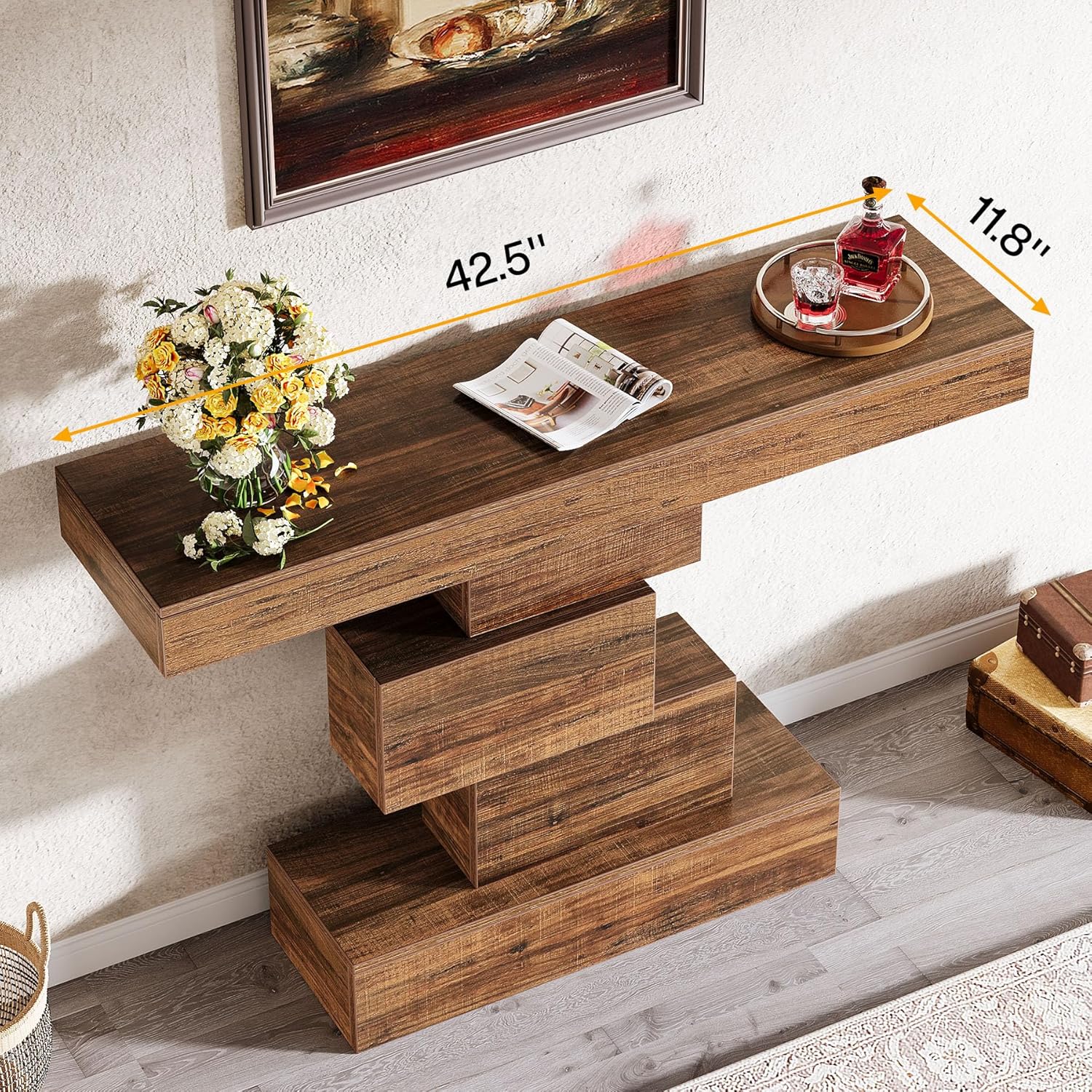 42.5" Rustic Brown Farmhouse Console, Industrial Geometric Sofa Table for Hallway Entrance