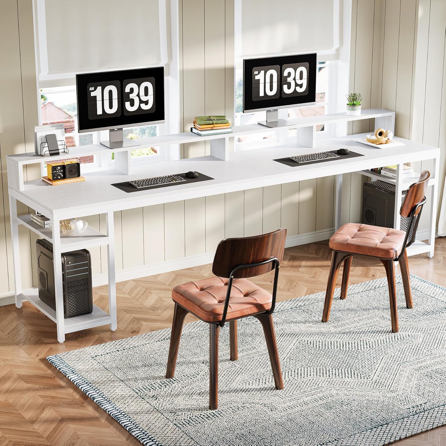 78.74" Extra Long Two Person Desk, Double Computer Desk with Storage Shelves