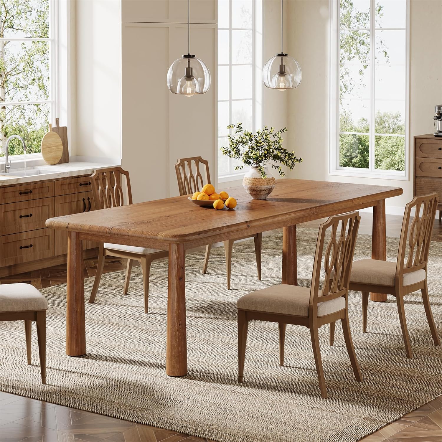 63" Rectangular Dining Table, Solid Wood Kitchen Table for 4 to 6 People