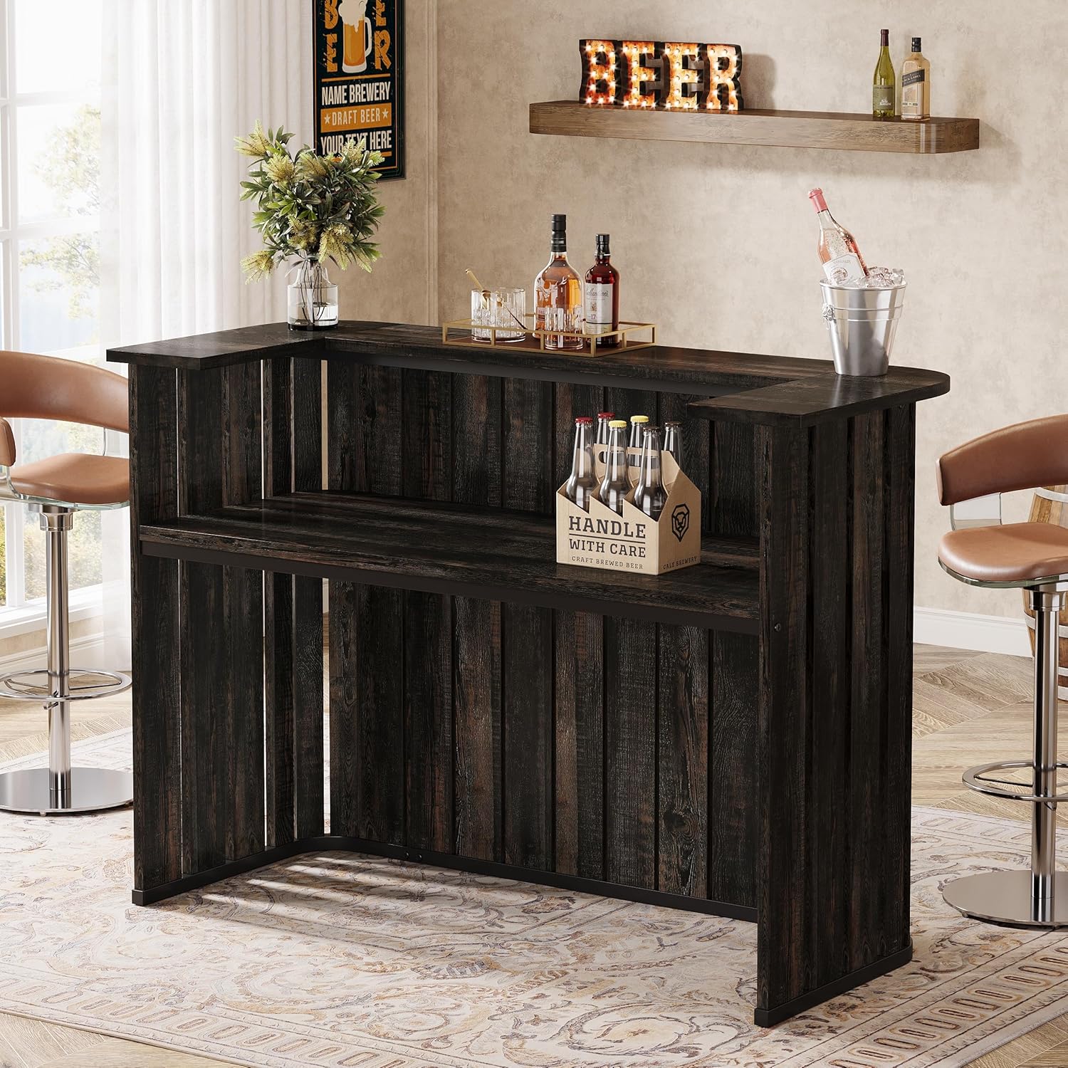 63" Home Bar Unit, Farmhouse Liquor Bar Table with 2-Tier Shelves
