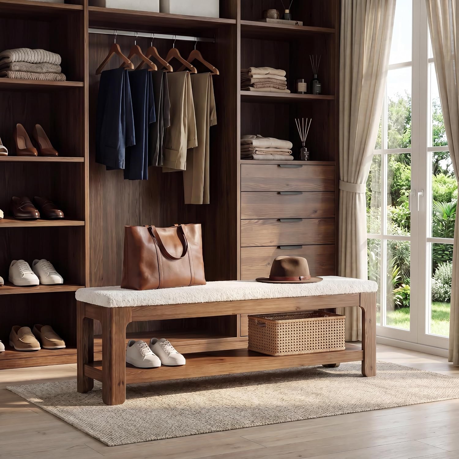 55" Entryway Bench, Solid Wood Upholstered Ottoman Bedroom Bench