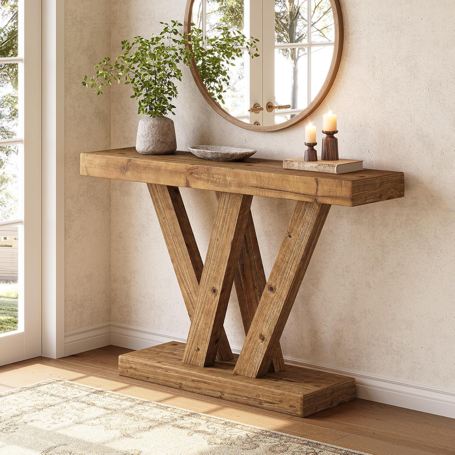 Solid Wood Console Table, 47.2" Farmhouse Sofa Table with Double V - Shape Base Tribesigns