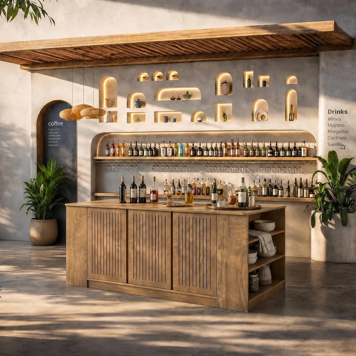 71" Bar Table, Farmhouse Counter Height Pub Table with Slatted Cabinet & 6 Open Shelves