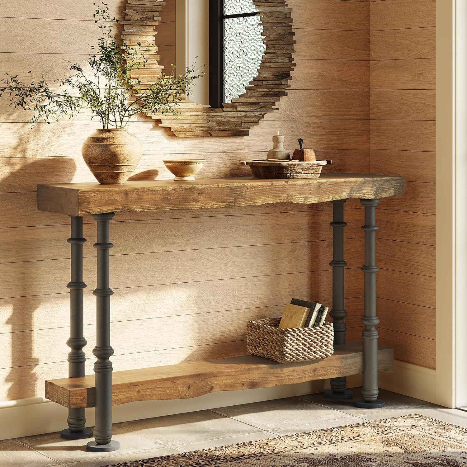 Solid Wood Console Table, 55" Industrial Sofa Table with Shelf