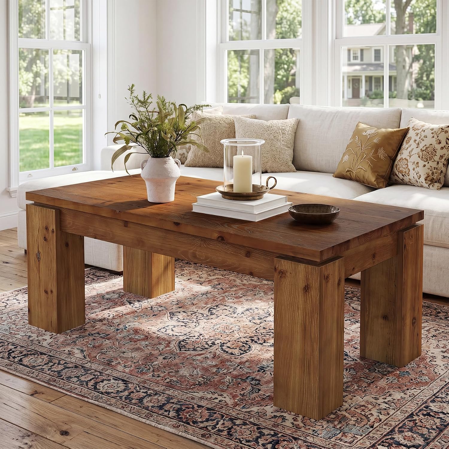 47" Solid Wood Coffee Table, Rectangular Chunky Leg Center Table Cocktail Tea Table