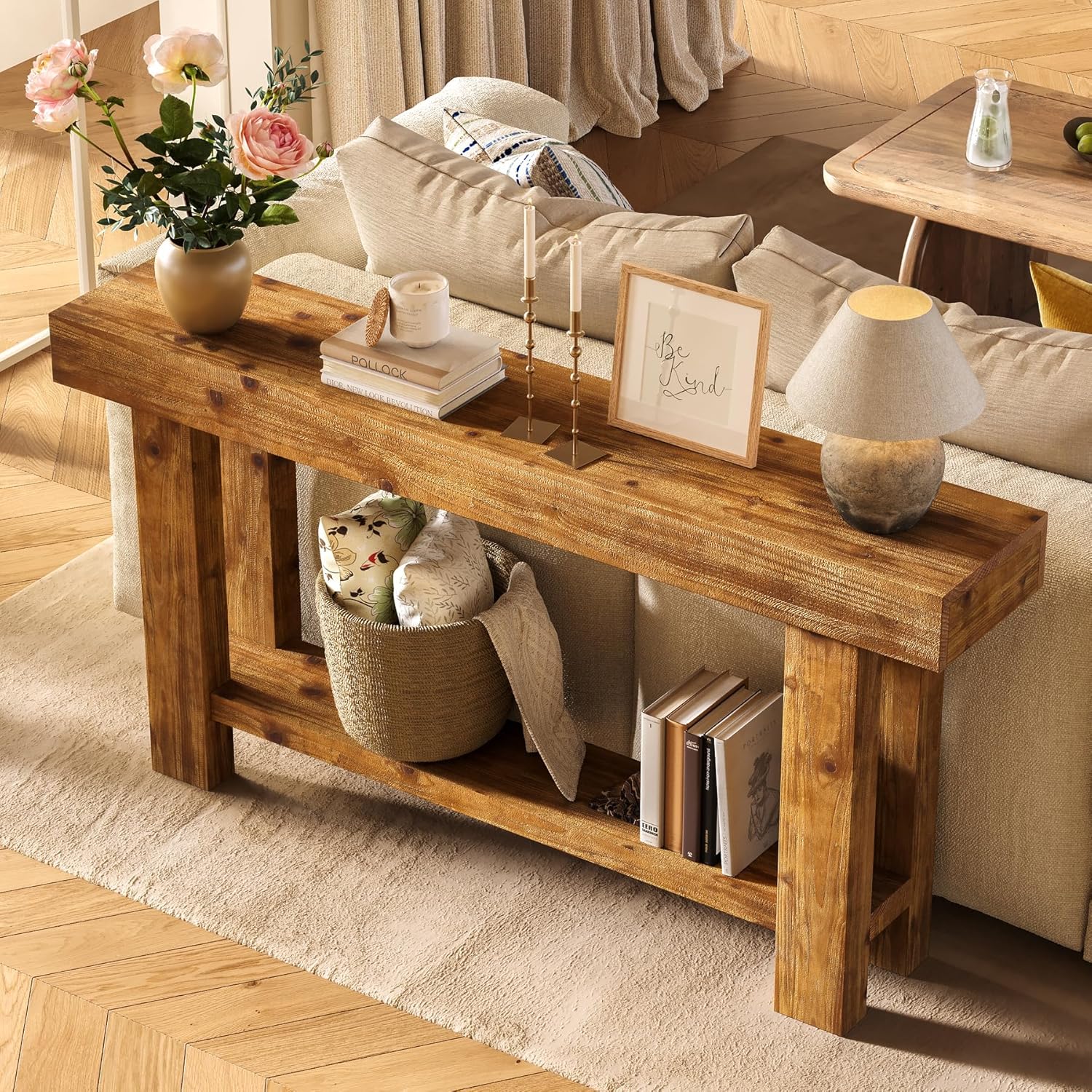 63" Solid Wood Console Table, 2-Tier Narrow Entryway Sofa Table