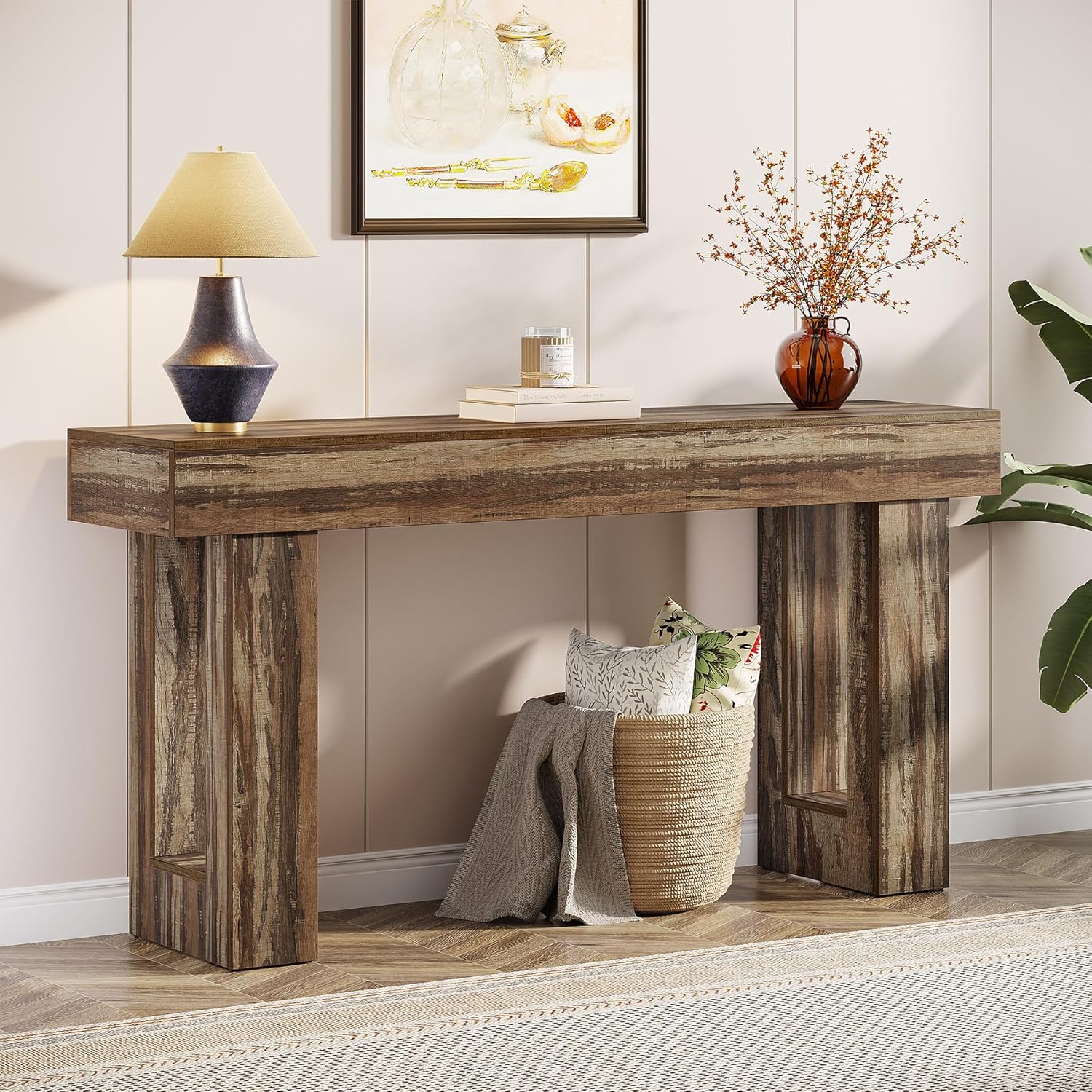 63" Wood Sofa Table, Chunky Console Table for Entryway
