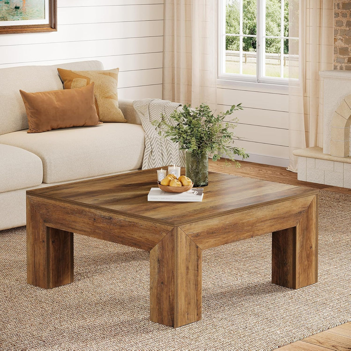 Tribesigns 39.4" Square Coffee Table, Farmhouse Wooden Center Table