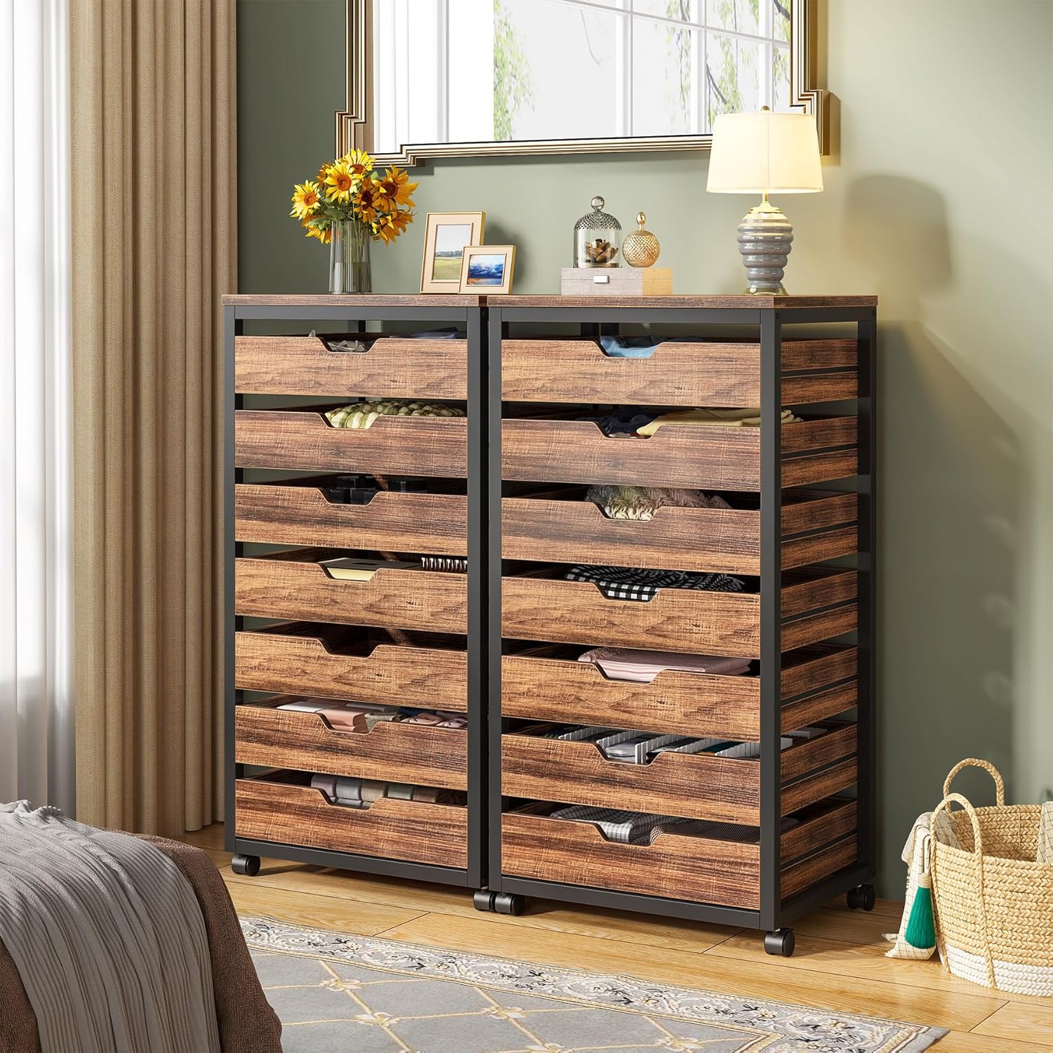 5-Drawer File Cabinet, Wood Mobile Storage Drawer Unit Industrial Office Cabinet with Drawers & Wheels