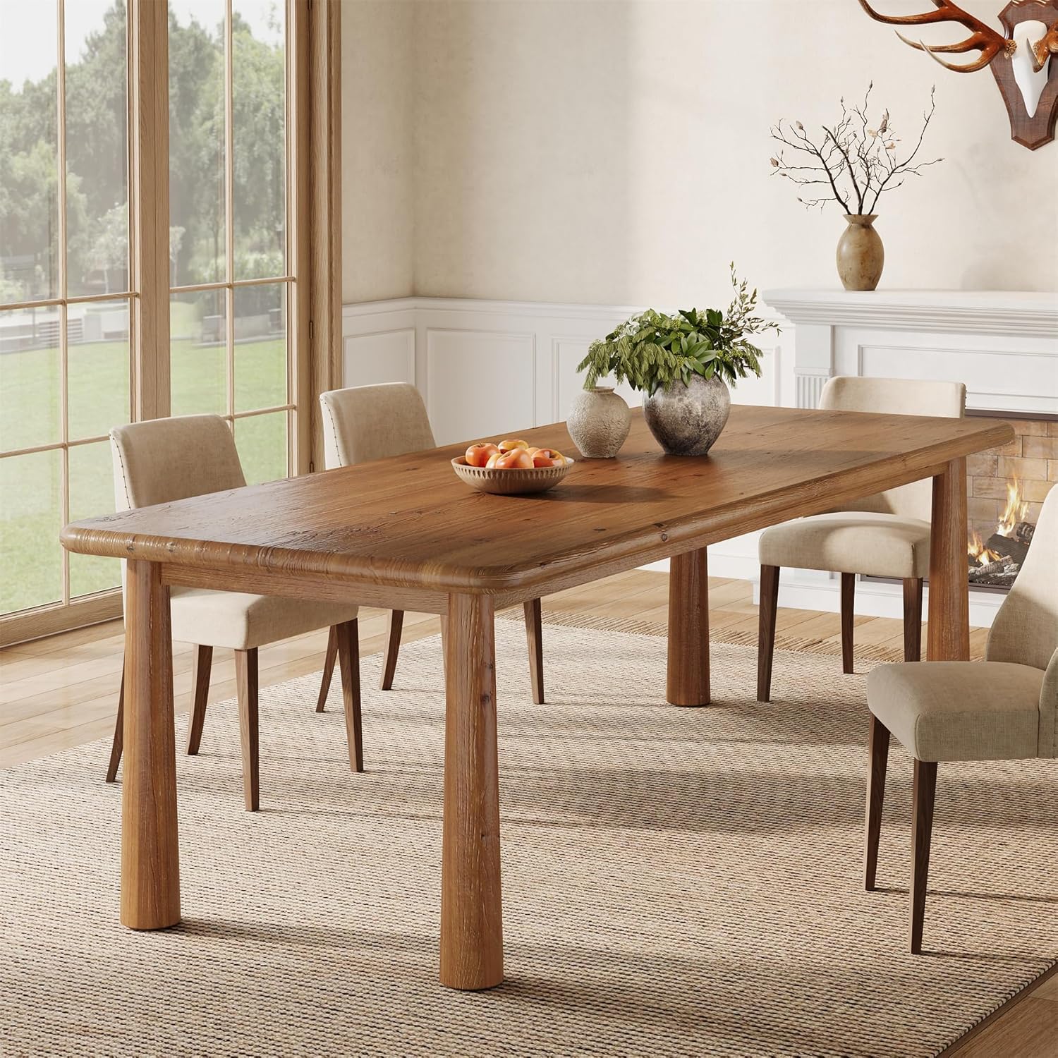 63" Rectangular Dining Table, Solid Wood Kitchen Table for 4 to 6 People