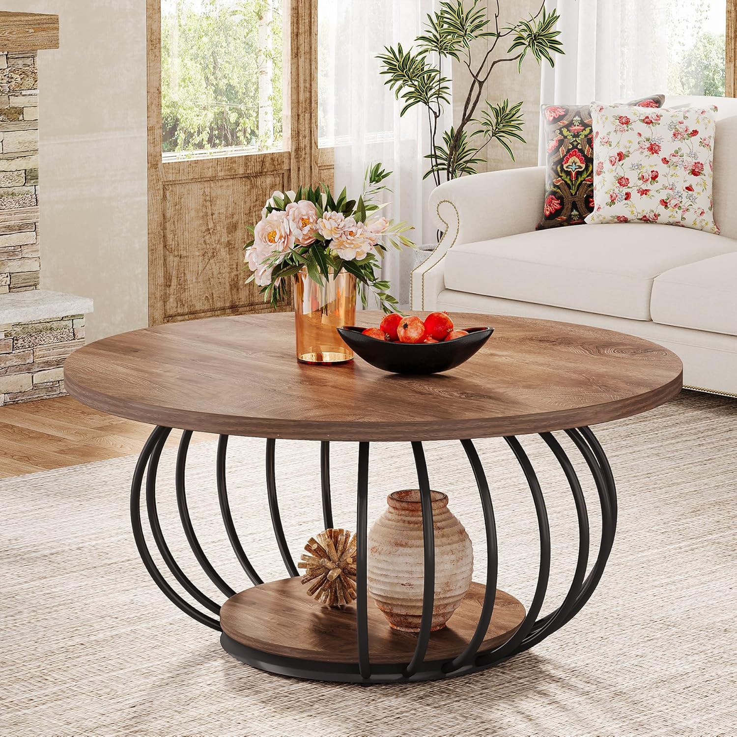 39.4" Coffee Table, Round 2 - Tier Accent Center Cocktail Table with Storage Shelf Tribesigns