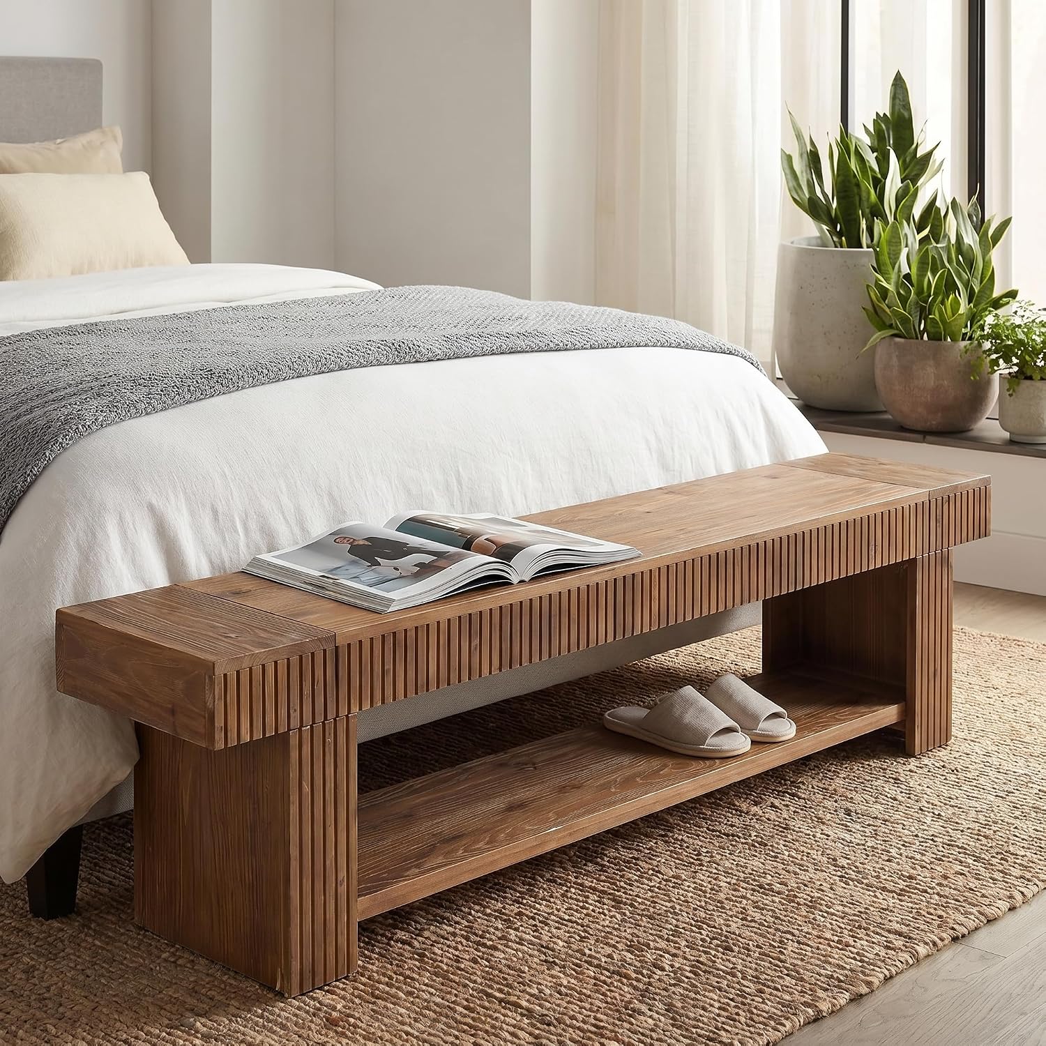 71 Inch Fluted Entryway Bench, Solid Wood Shoe Bench with Storage Shelf for Hallway