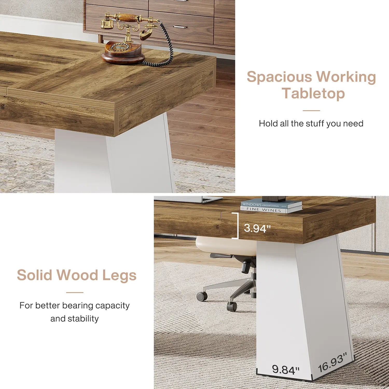 55" Executive Desk with Double Trapezoid Base, Modern Wooden Computer Desk for Home Office