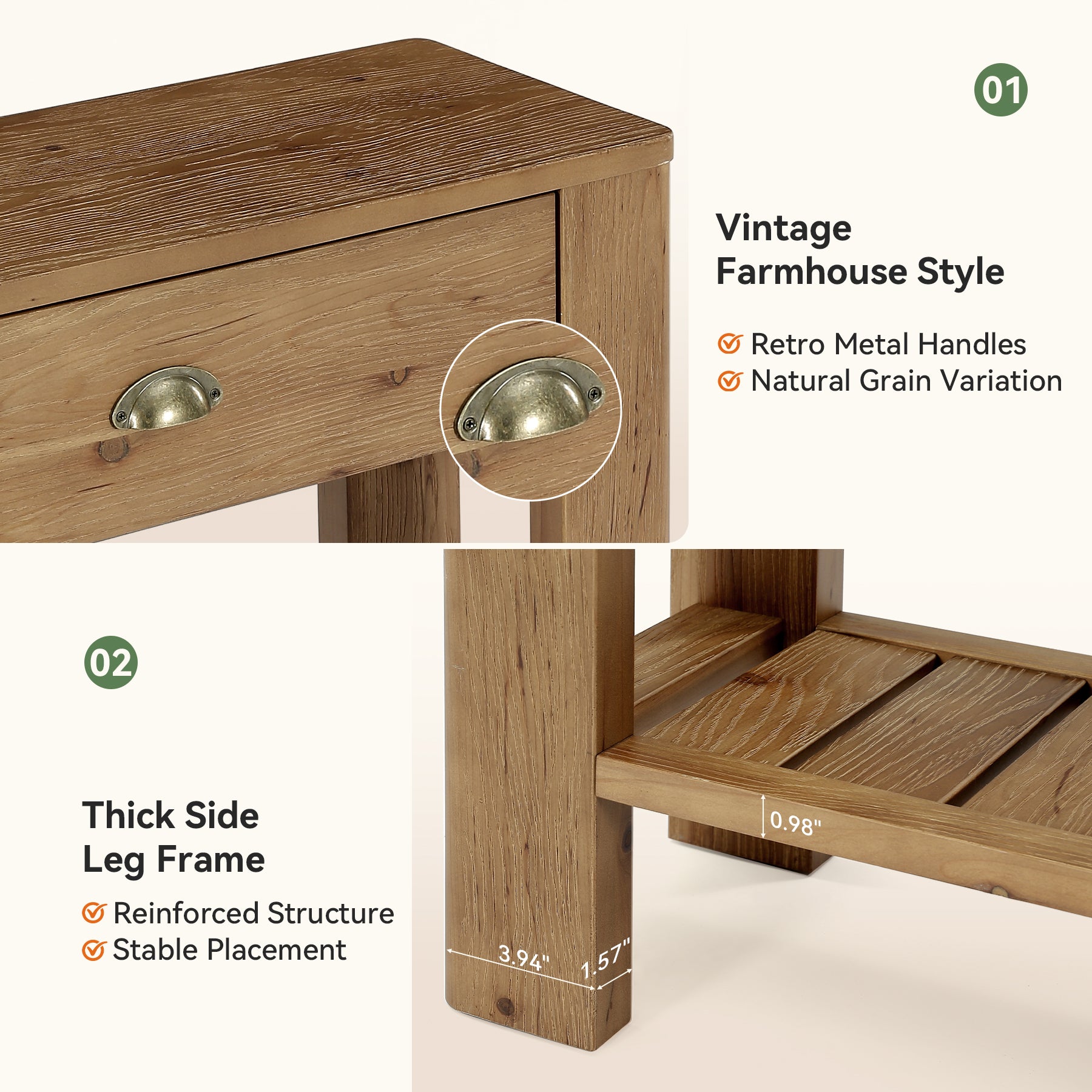 55" Solid Wood Console Table, Narrow Entryway Table with 2 Drawers & Storage Shelf,