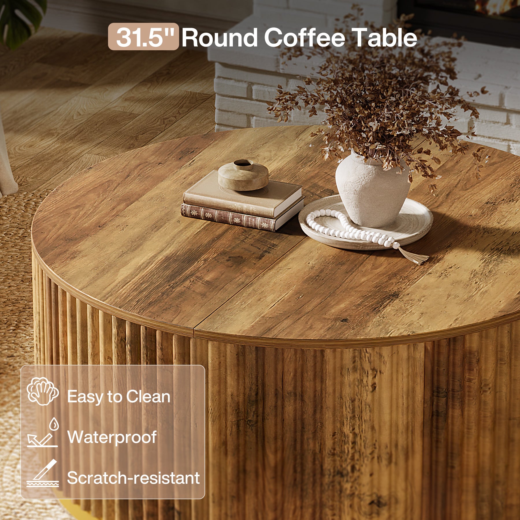31.5" Round Coffee Table, Fluted Wooden Center Table with Sturdy Drum Base