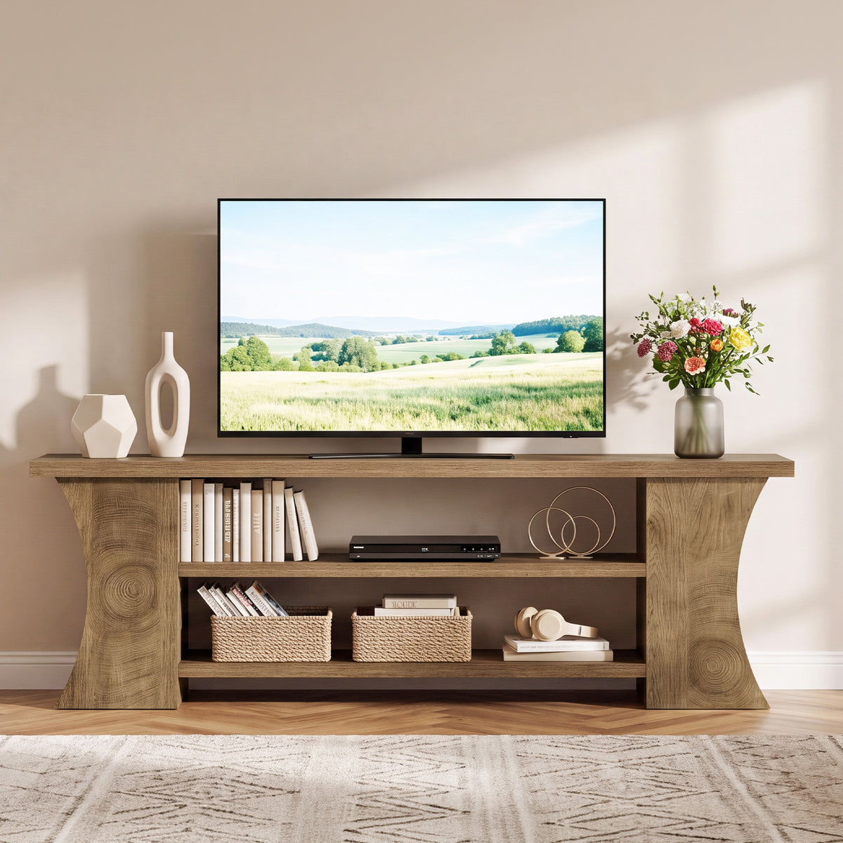 63" TV Stand for 75" TVs, Entertainment Center with 3-Tier Storage & Curved Legs