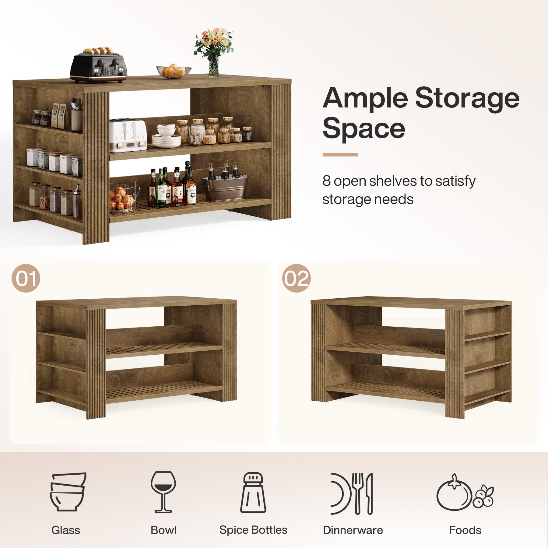 59" Kitchen Island, Large Storage Islands Coffee Unit with Shelves