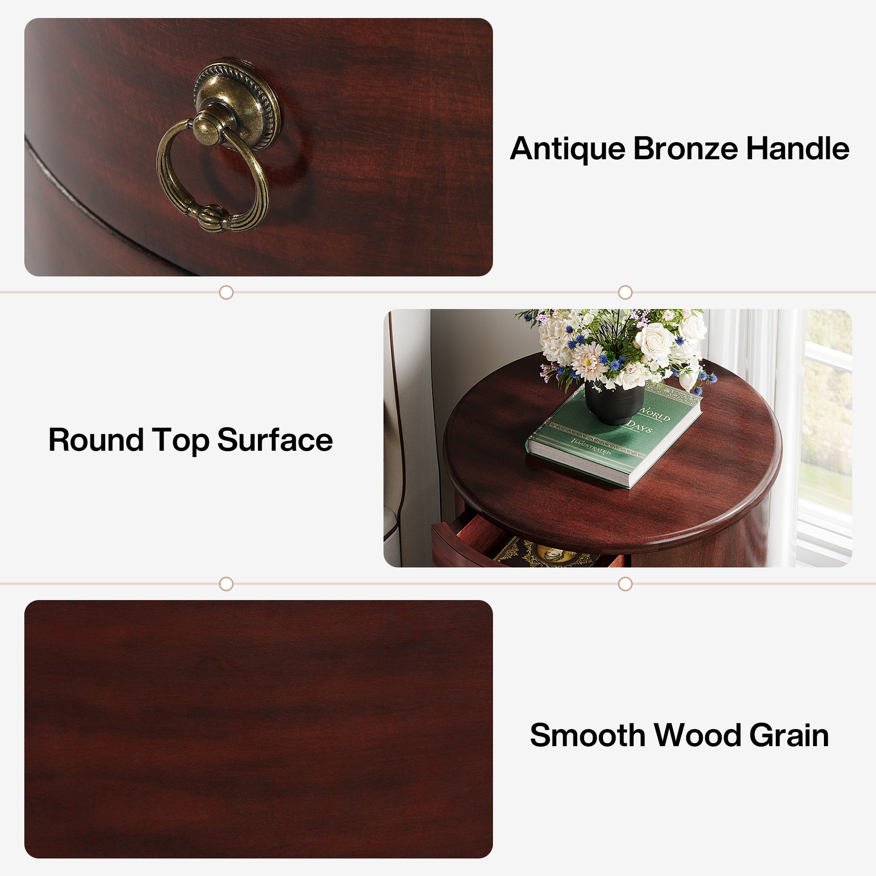 Wood Nightstand, Round Bedside Table with 4 Drawers(No Assembly Required)