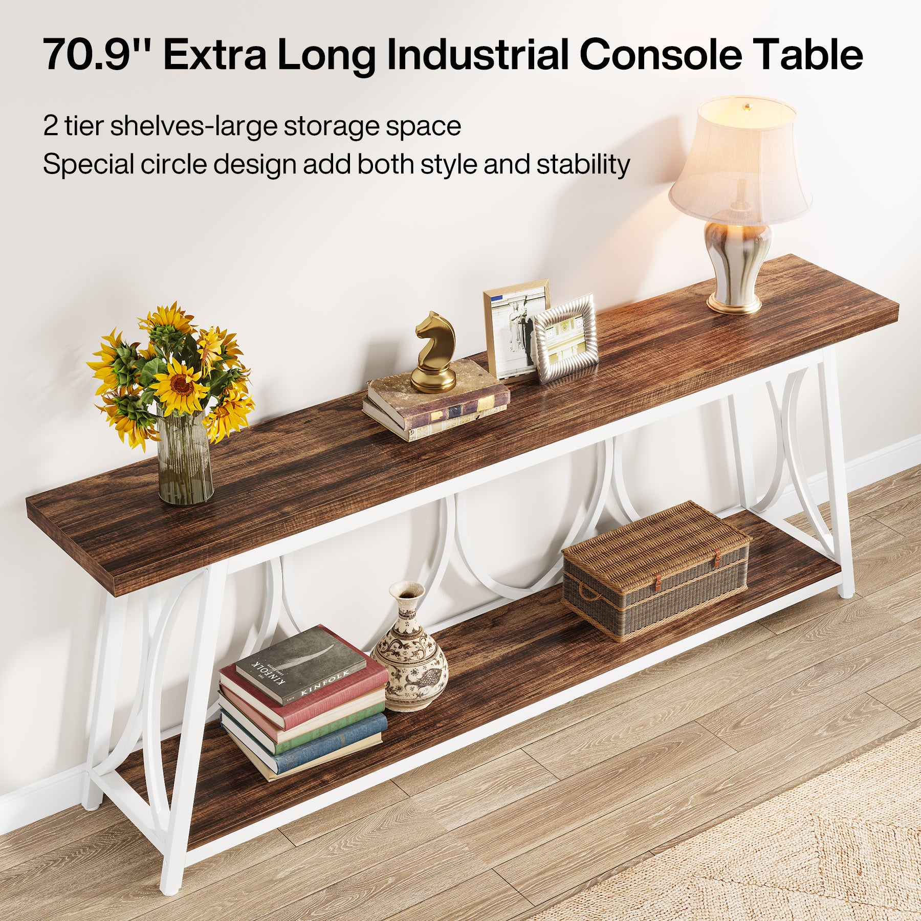 70.9" 2-Tier Industrial Console Table, Sofa Table with Shelves for Living Room or Entryway