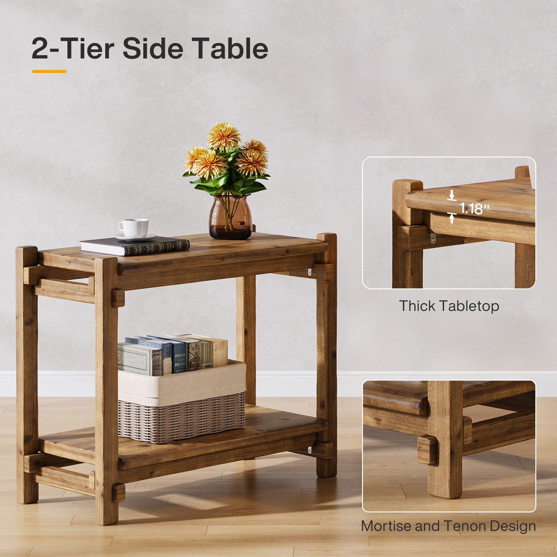 Solid Wood End Table, 2 - Tier Narrow Side Table with Storage Shelf Tribesigns