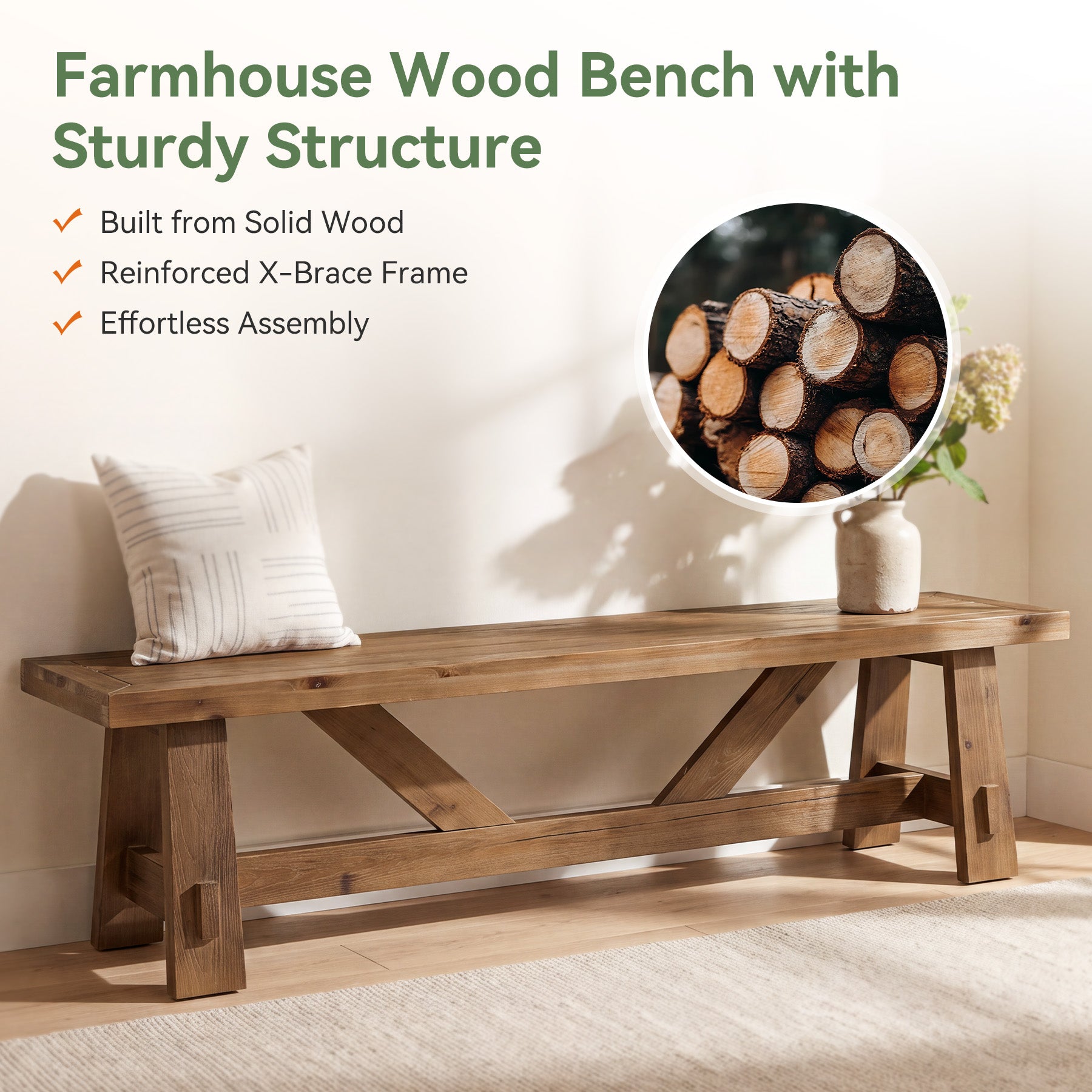 55" Solid Wood Entryway Bench, Farmhouse End of Bed Bench For Hallway, Bedroom