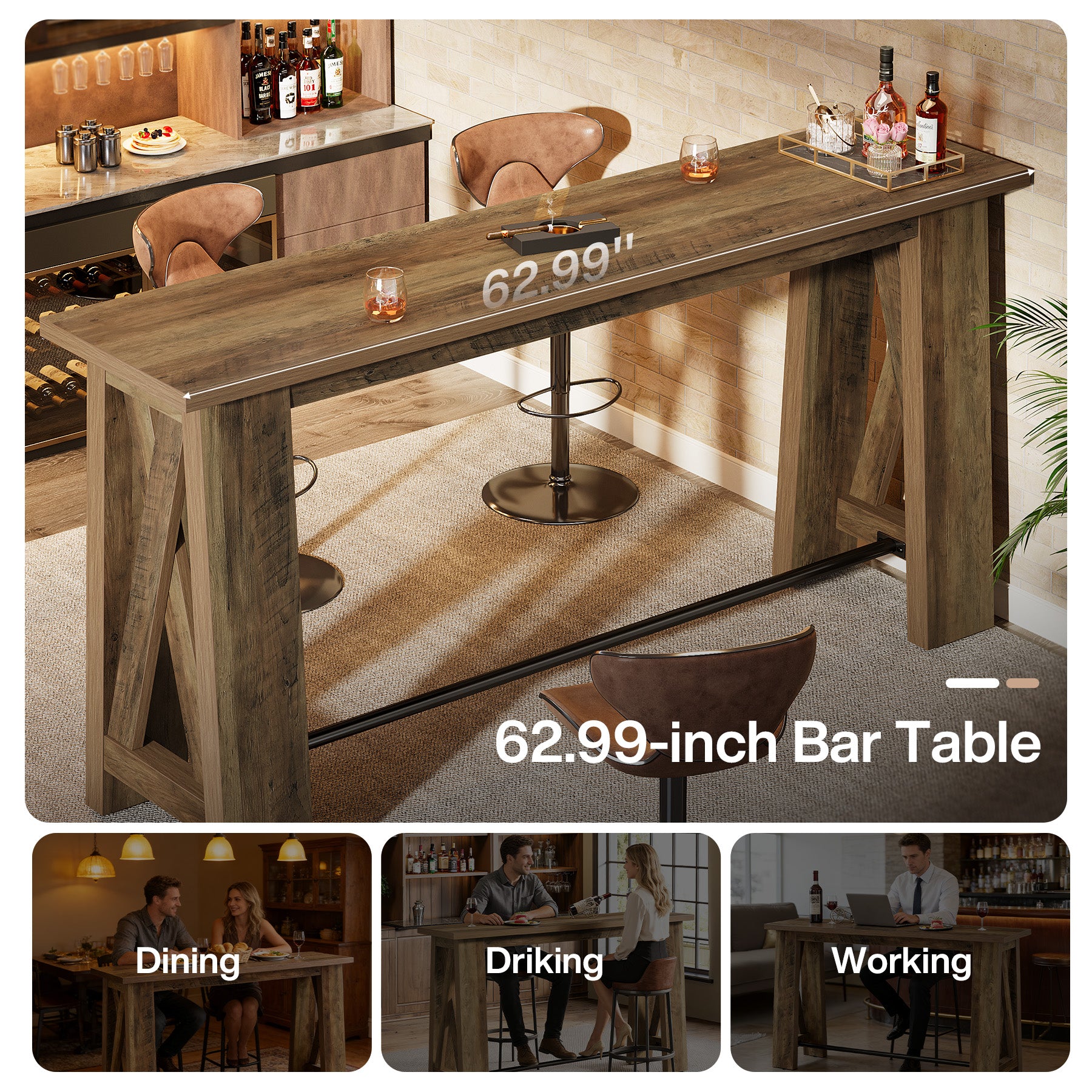 63" Bar Table, Rectangular Counter Height Pub Table with X-Frame Legs