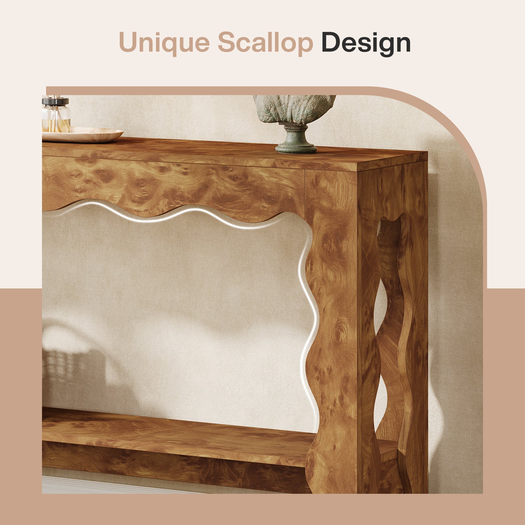 63" Console Table, 2-Tier Narrow Sofa Table with Storage and Scalloped Curves