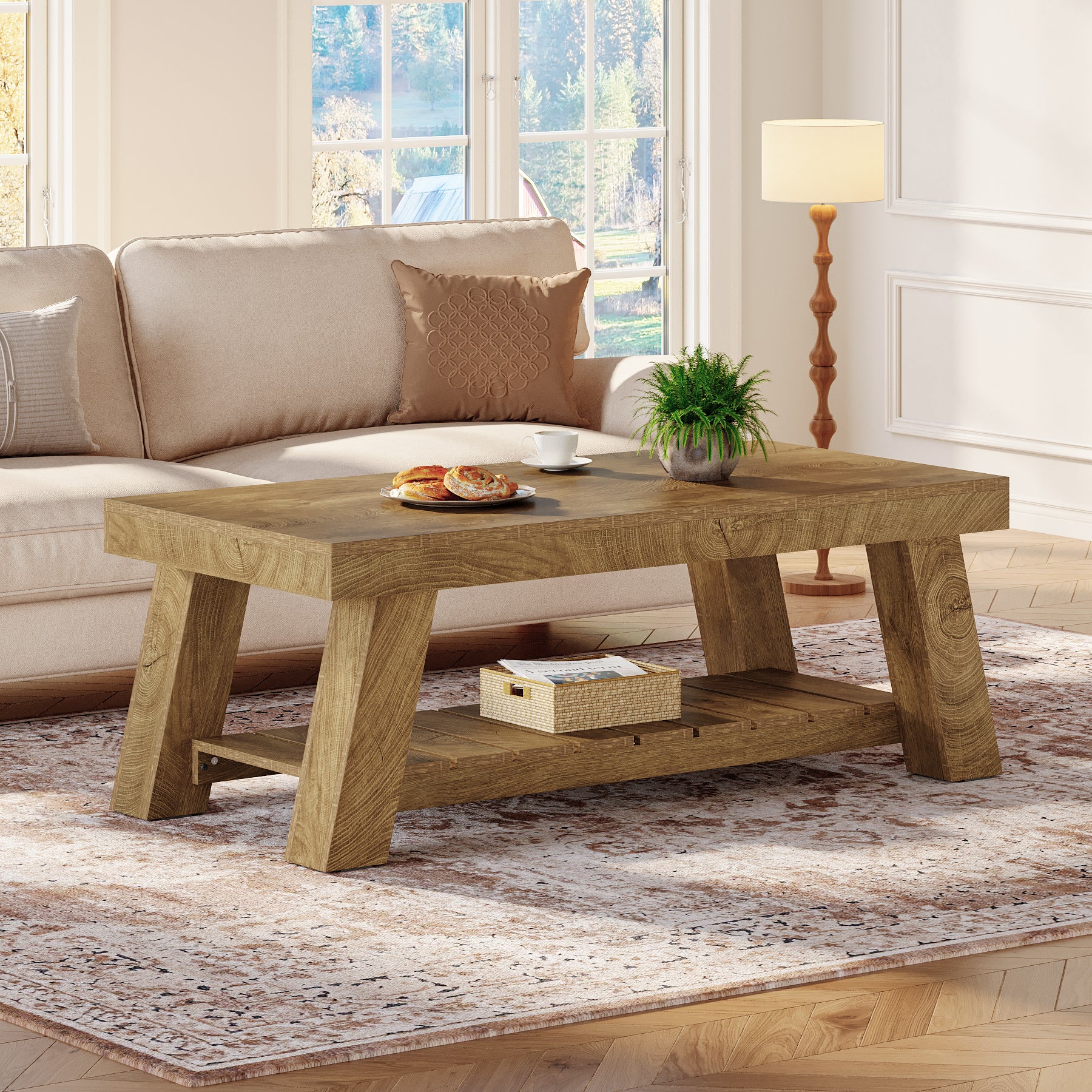Rectangular Coffee Table, 47.24" Farmhouse Center Table with 2-Tier Storage