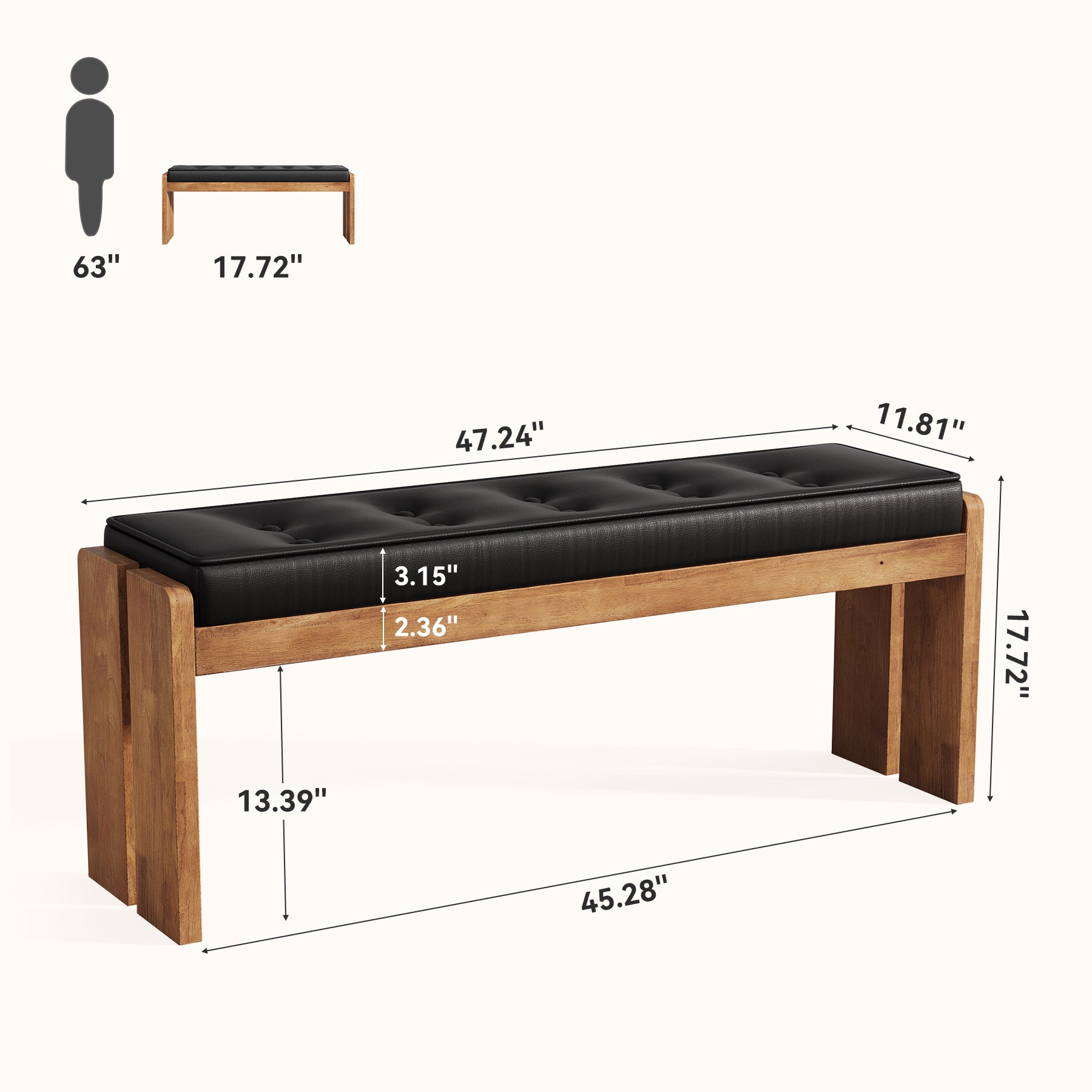 47" Wood Dining Bench, Modern Kitchen Table Bench with Button-Tufted Leather Pad
