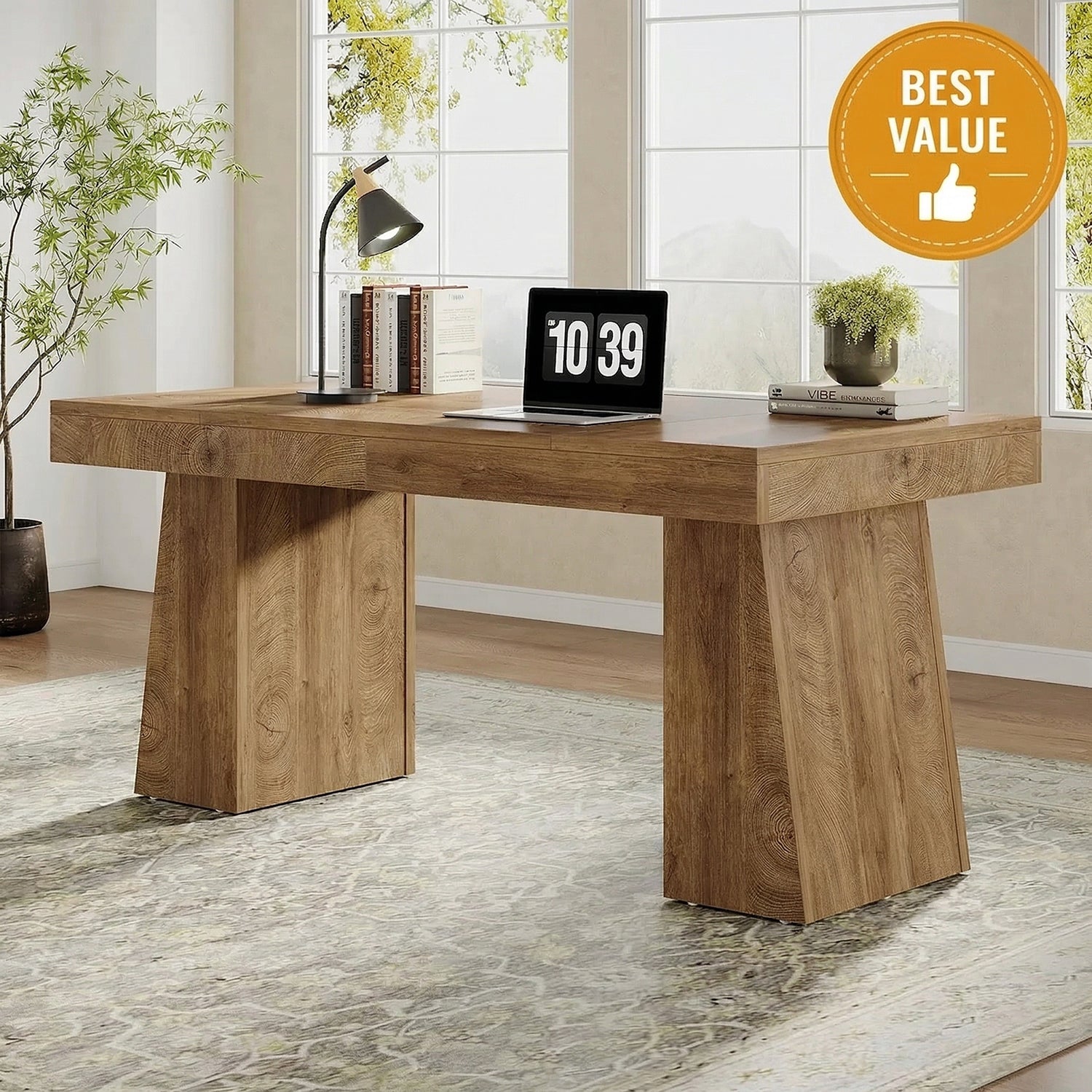 55" Executive Desk with Double Trapezoid Base, Modern Wooden Computer Desk for Home Office