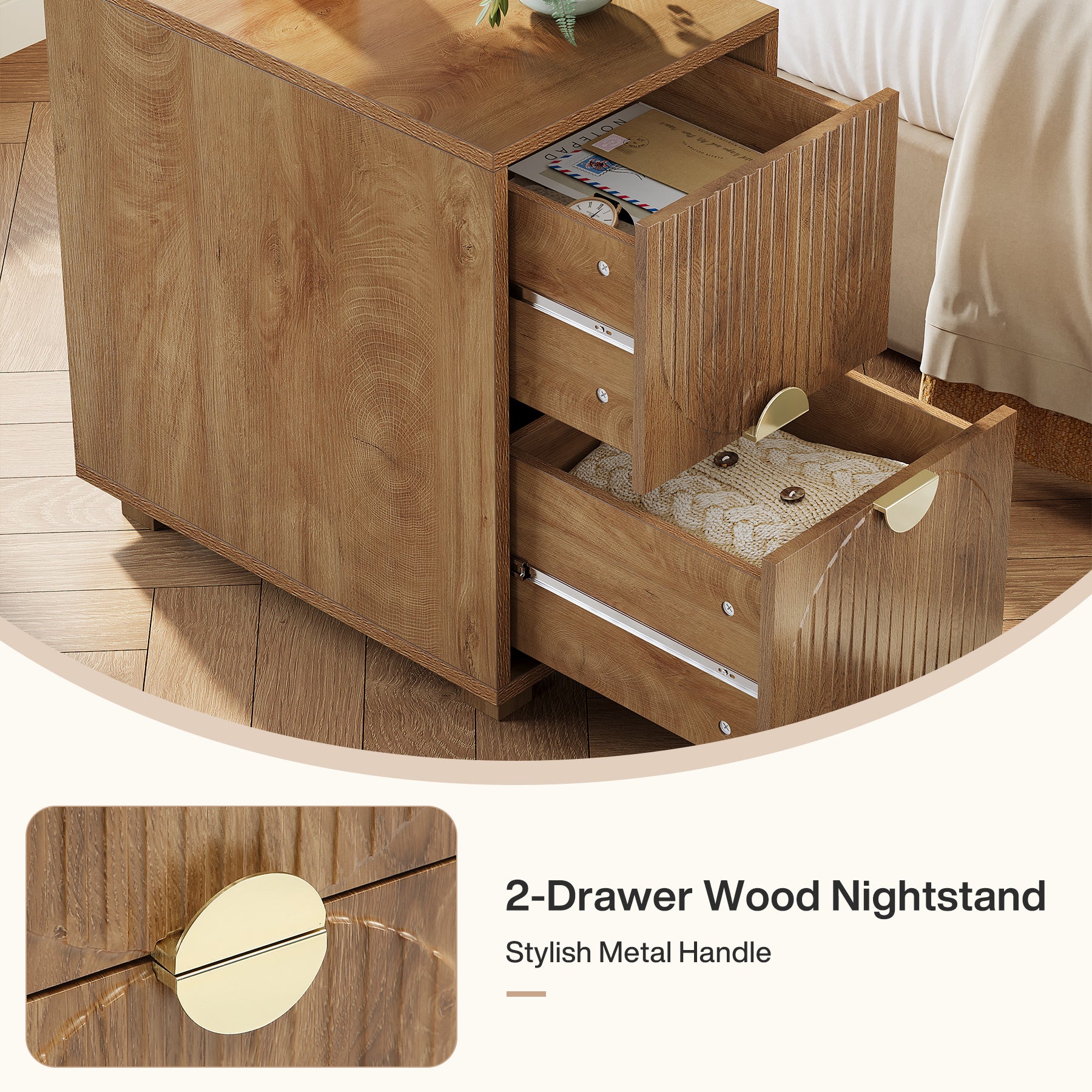 2-Drawer Nightstand, Narrow Bedside Table with Gold Metal Handle