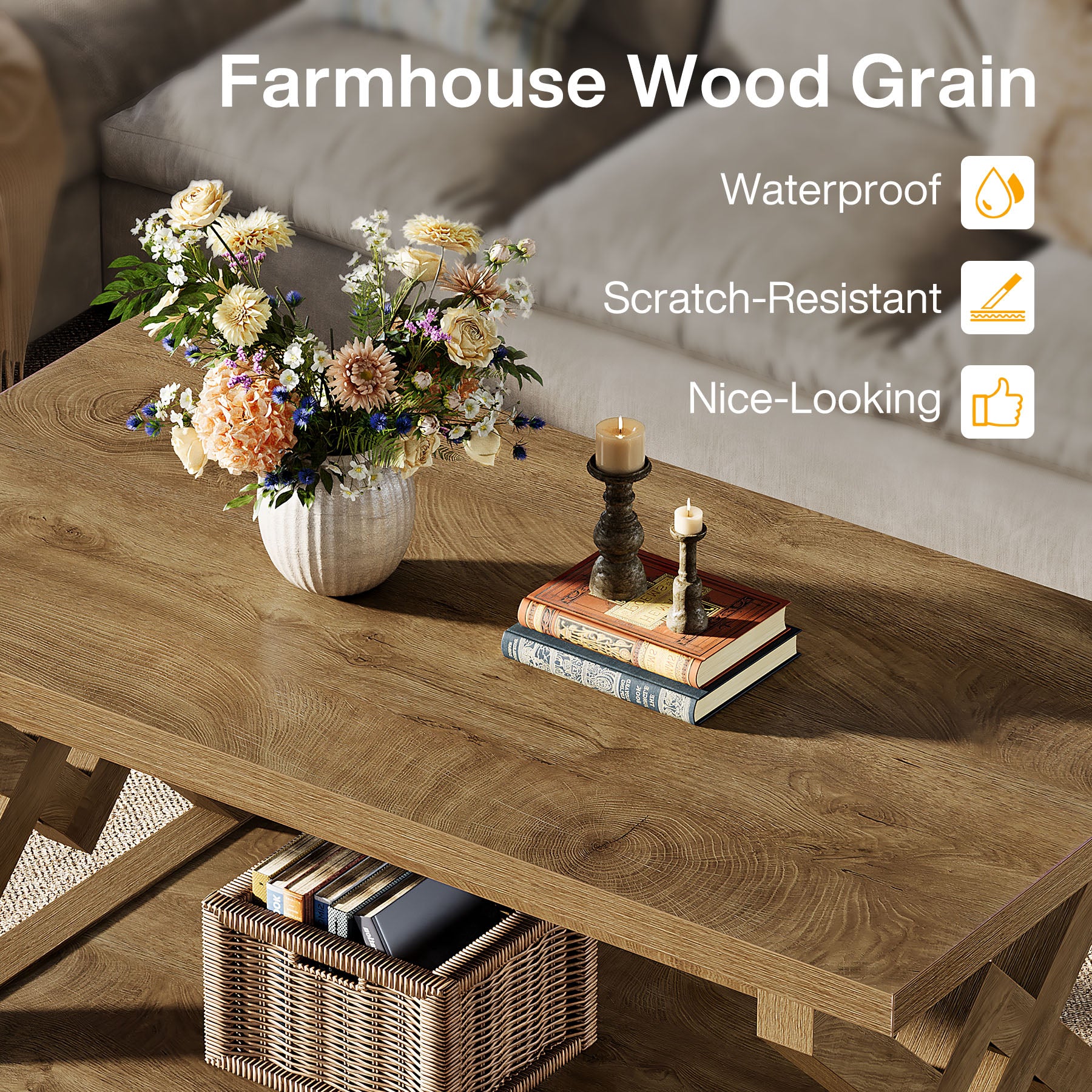 2-Tier Coffee Table, 47.24" Rectangle Center Tea Table with Open Shelves