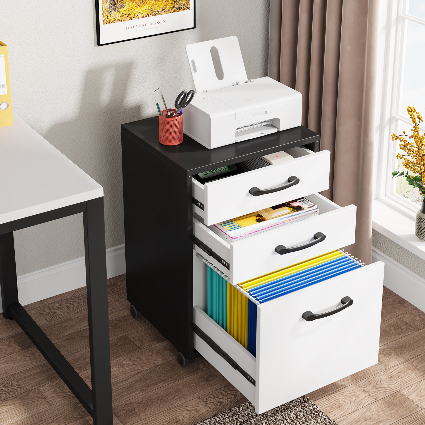 L-Shaped Computer Desk, 63" Executive Desk with Mobile File Cabinet