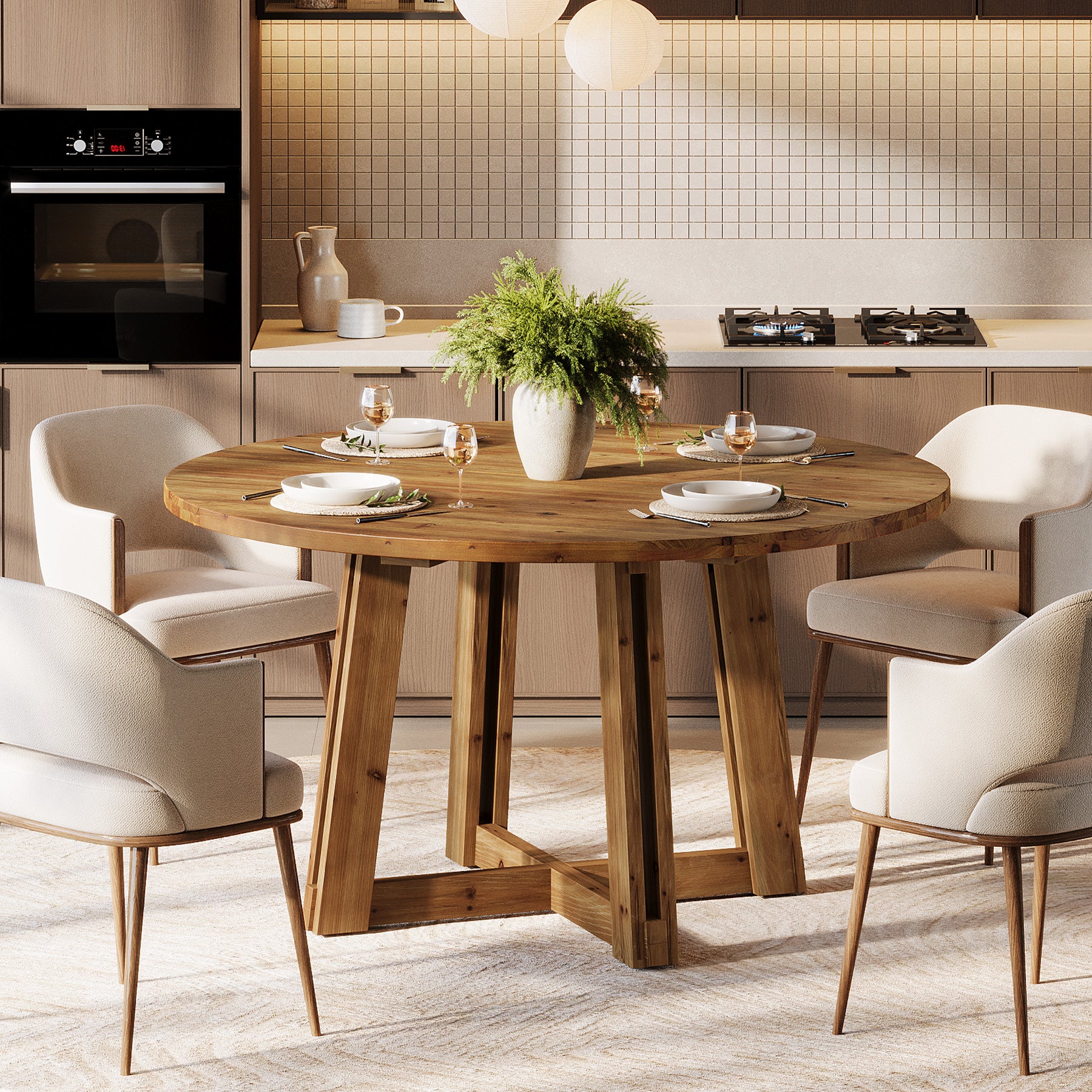 47" Round Dining Table, Solid Wood Kitchen Table with Sturdy Legs for 4-6