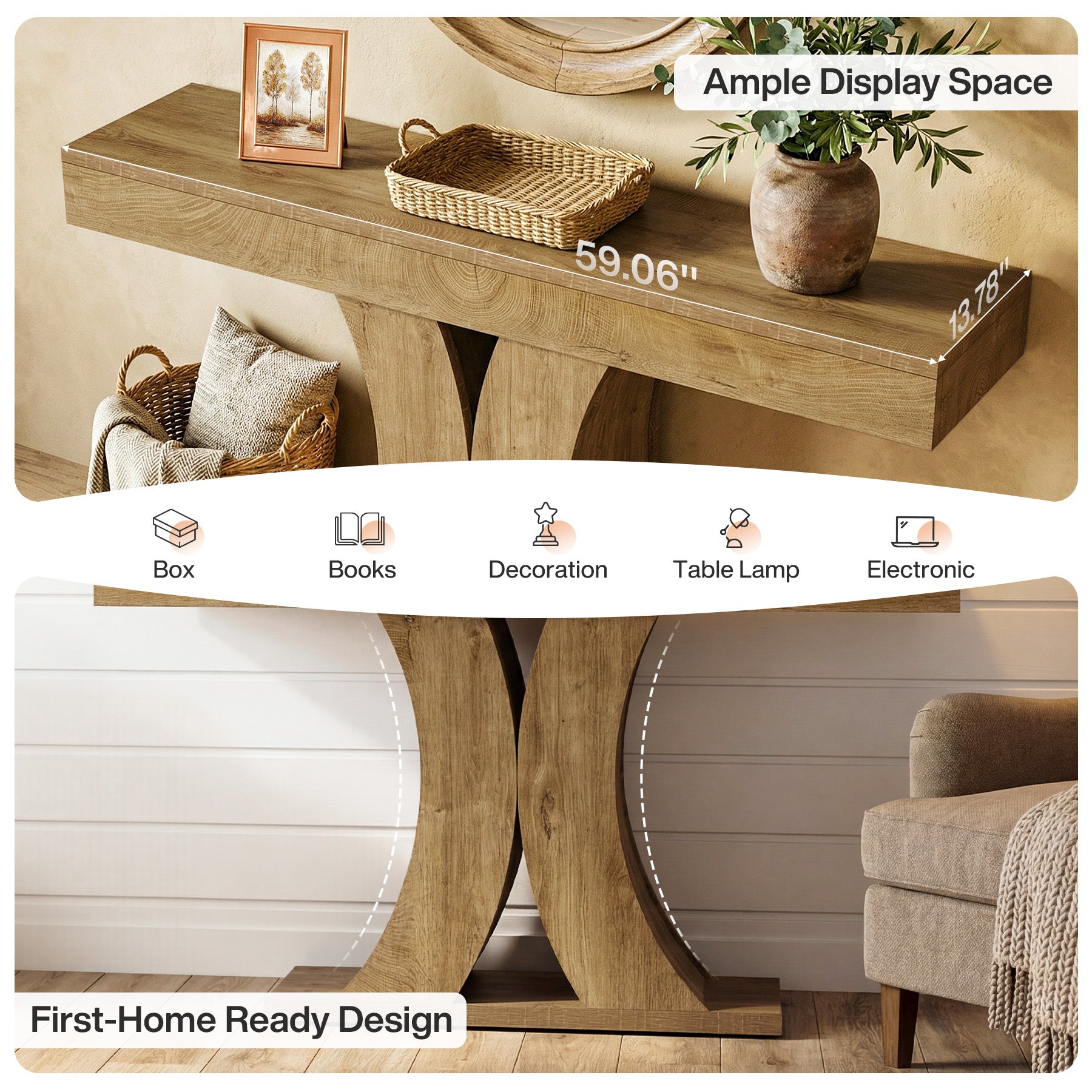 59" Narrow Farmhouse Console Table, Wooden Sofa Table with X-Frame Base for Entryway, Hallway, or Behind Couch