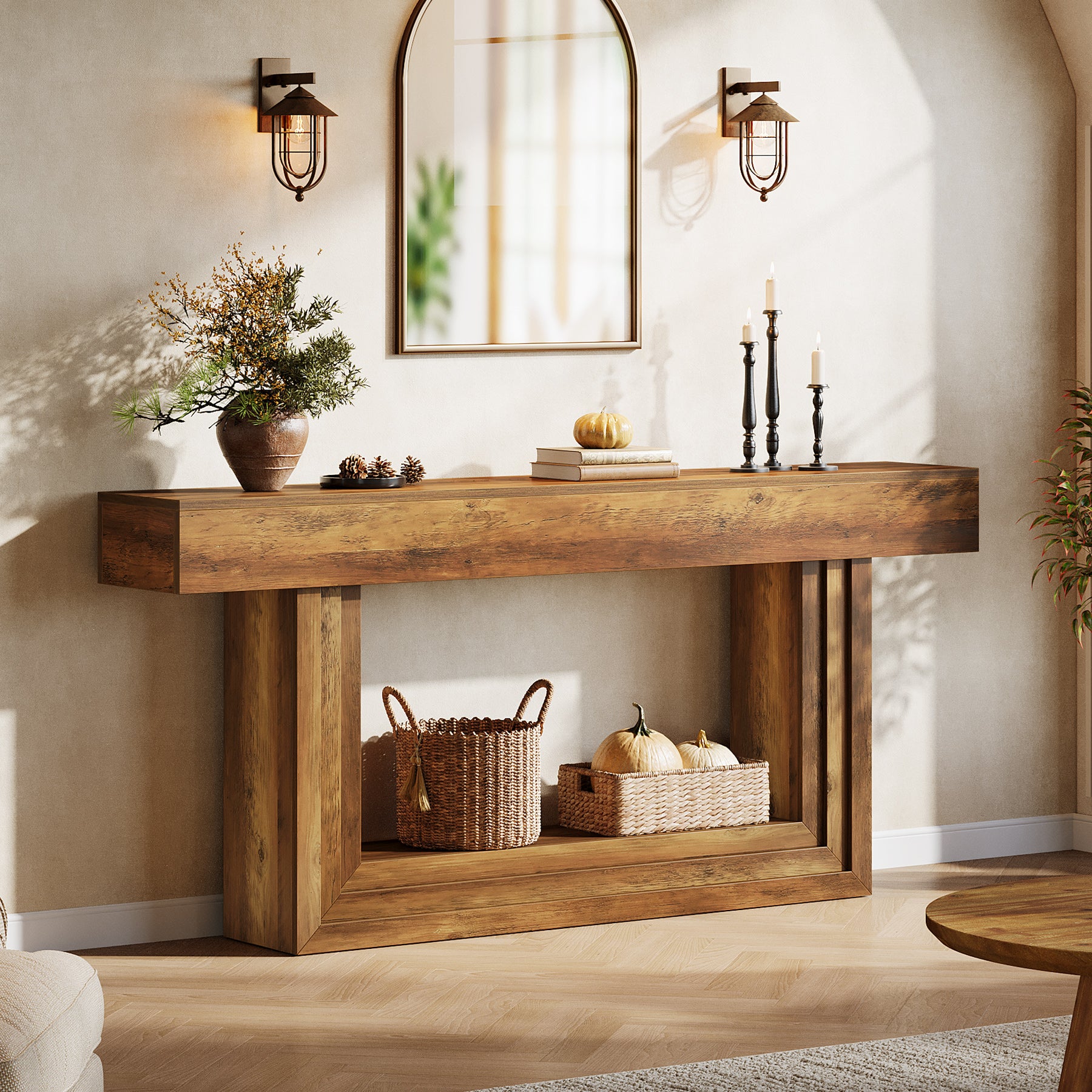 63” Narrow Console Table with 2-Tier Storage, Farmhouse Entryway Table Behind Couch