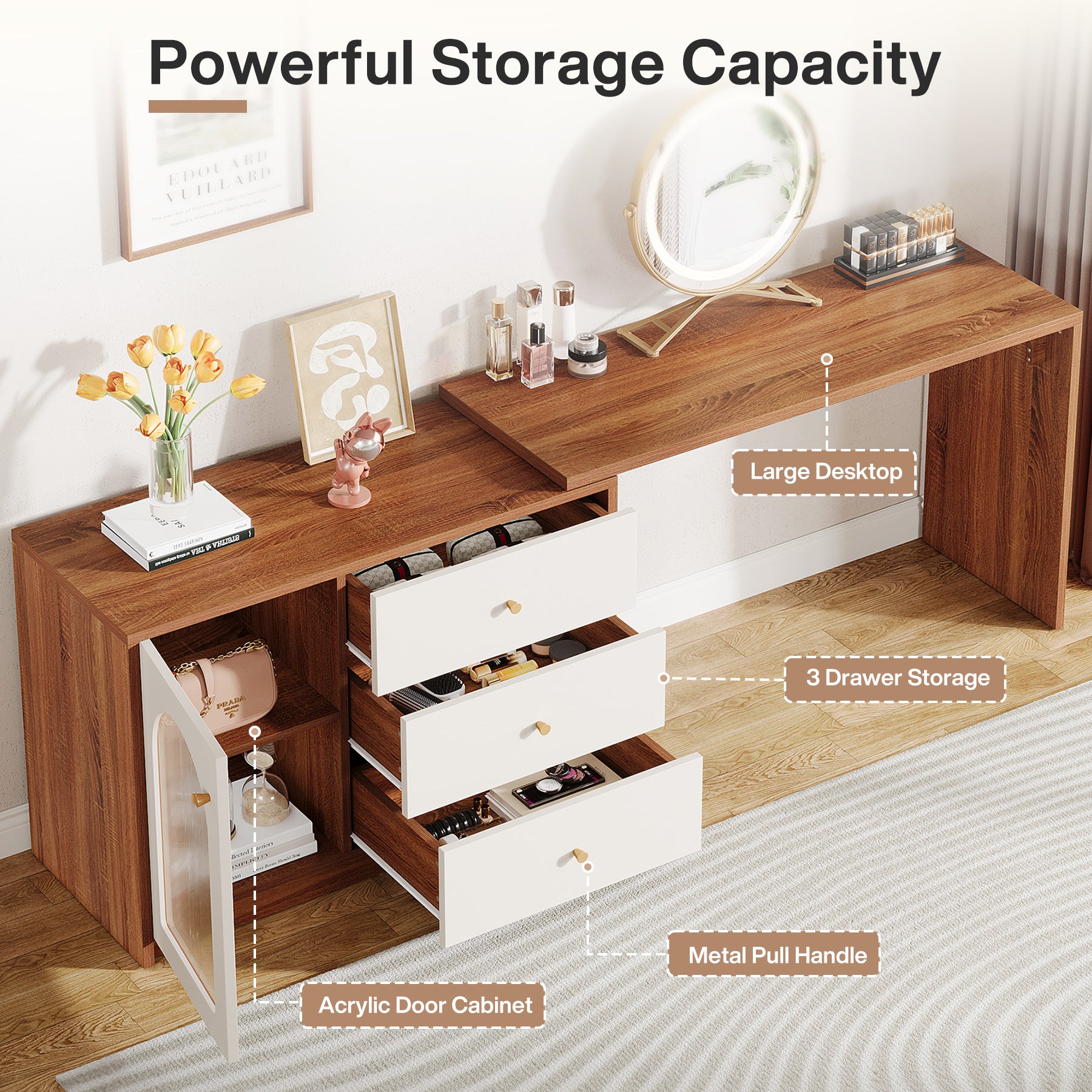 Modern Makeup Vanity, Dressing Table with 3 Drawers and Cabinet