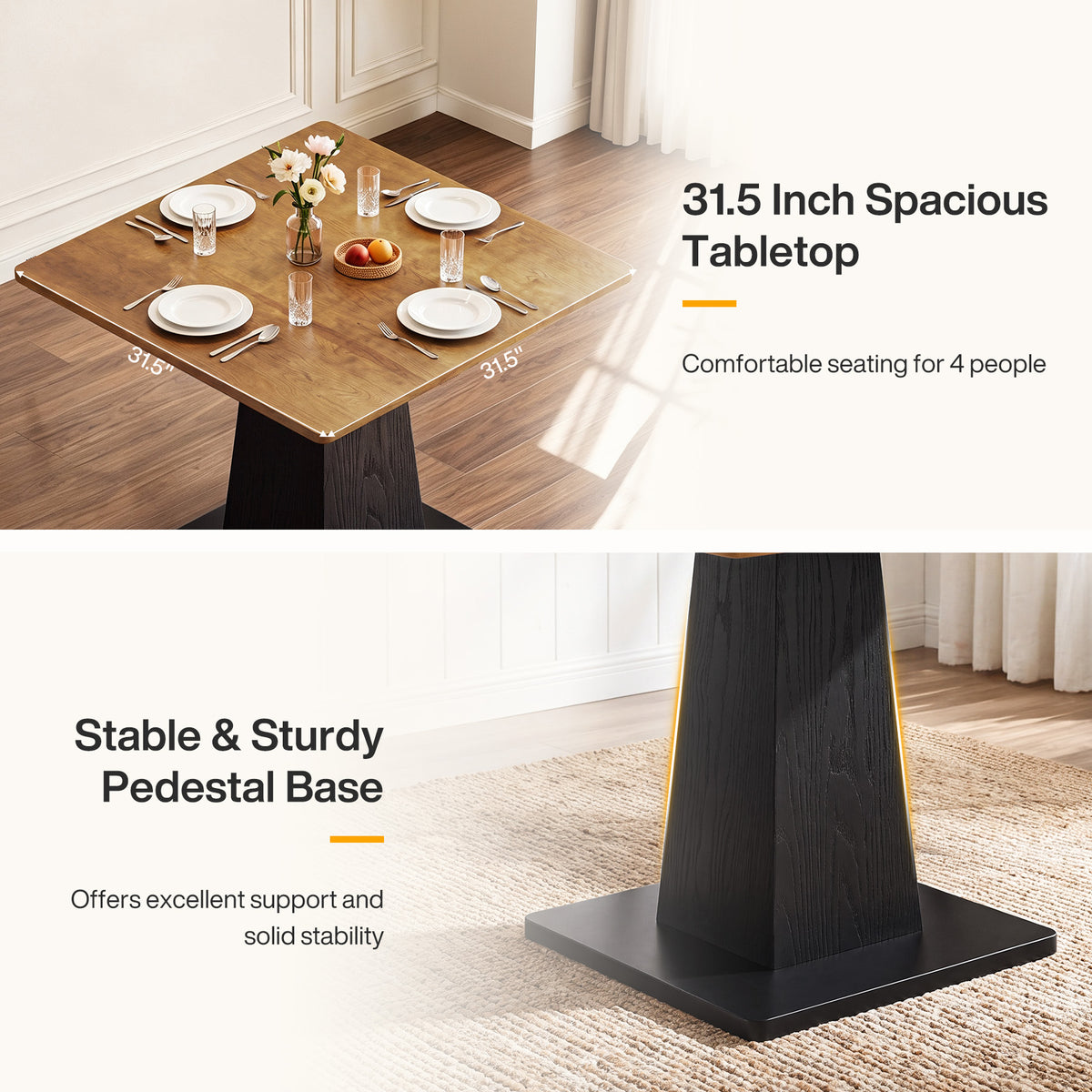 31.5" Square Dining Table for 4, Farmhouse Kitchen Table with Pedestal for Dining Room